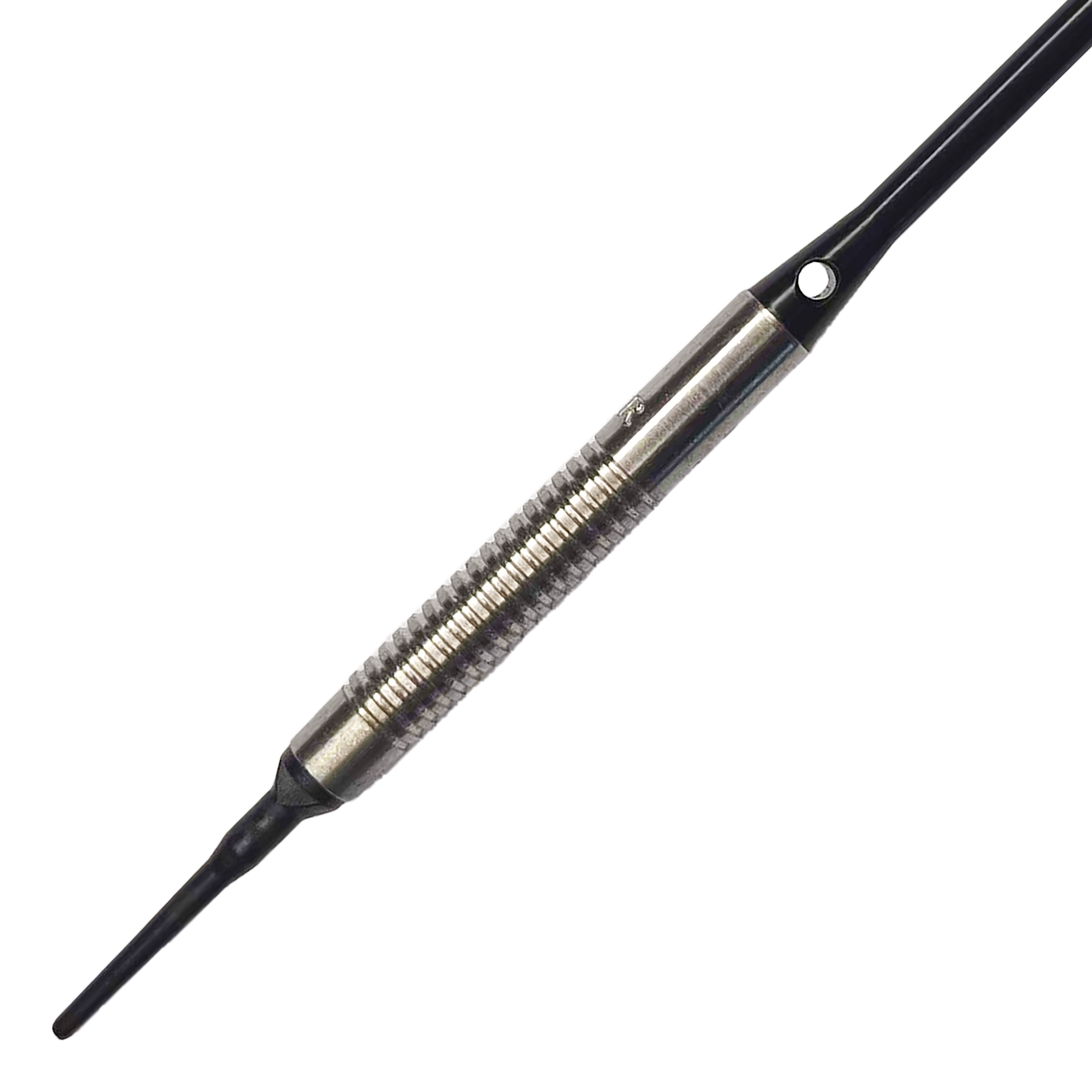 Dardos blandos McDart 85 Tungsten V8 - 18,5 g Das Bild zeigt einen McDart 85er Tungsten V8 Softdart mit einem Gewicht von 18,5 Gramm. Der Dart besteht aus silberfarbenem Metall mit einer geriffelten Griffzone und einer schwarzen Spitze.