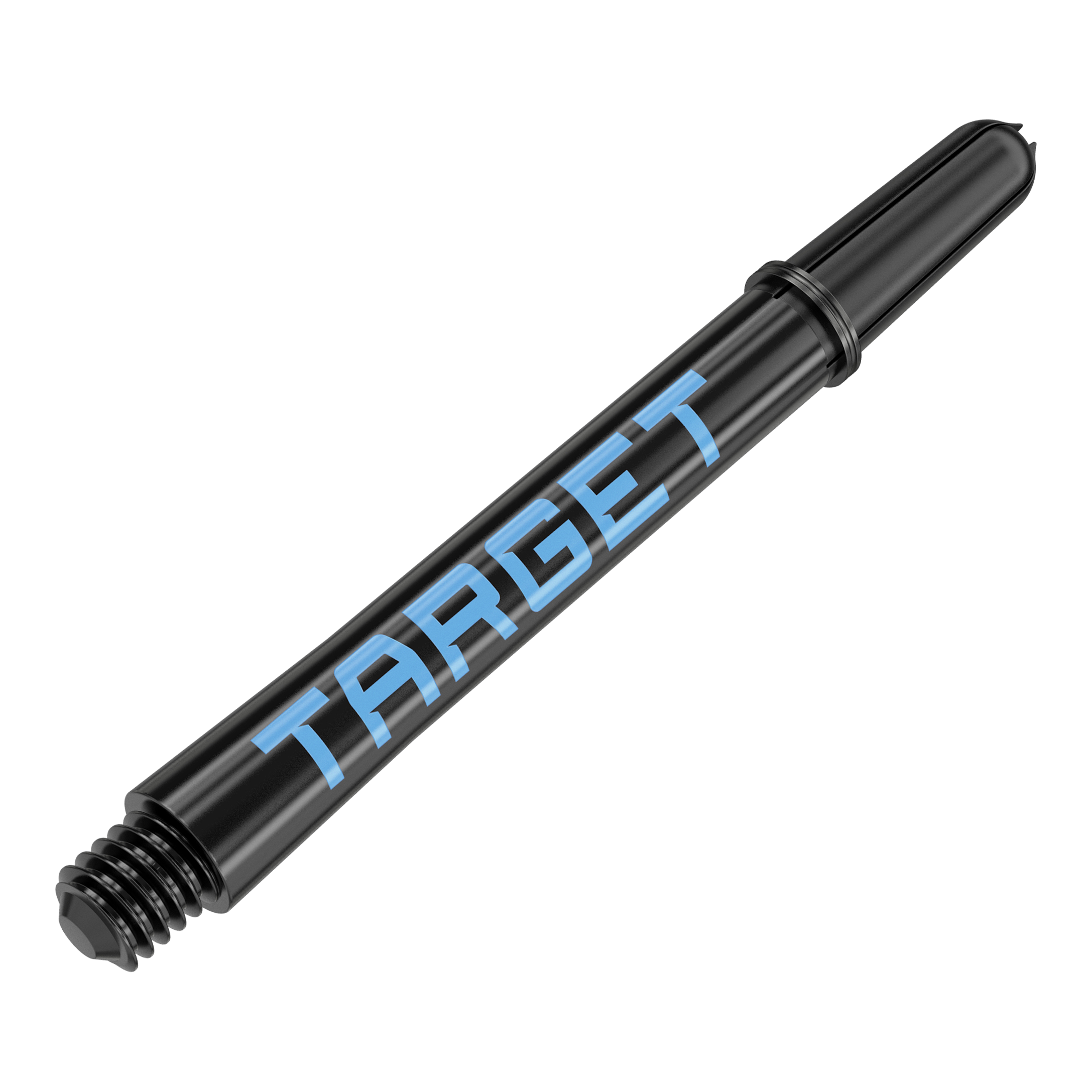 Tiges Target Pro Grip TAG - 3 jeux - Noir et bleu Das Bild zeigt einen schwarzen Dart-Schaft mit blauer Schrift, auf dem "TARGET" steht. Der Schaft hat ein Gewinde am Ende zur Befestigung am Dartpfeil.
