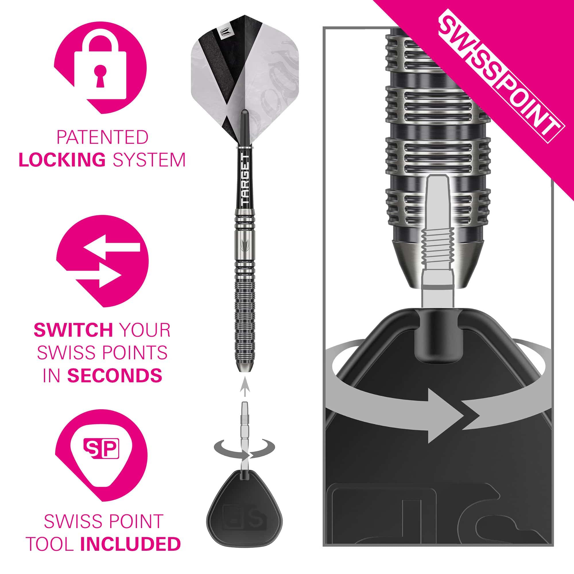 Dardos de acero Target Beau Greaves GEN1 Swiss Point Auf dem Bild sind die Target Beau Greaves GEN1 Swiss Point Steeldarts zu sehen. Sie zeigen eine Nahaufnahme des Griffbereichs und der Spitzen.