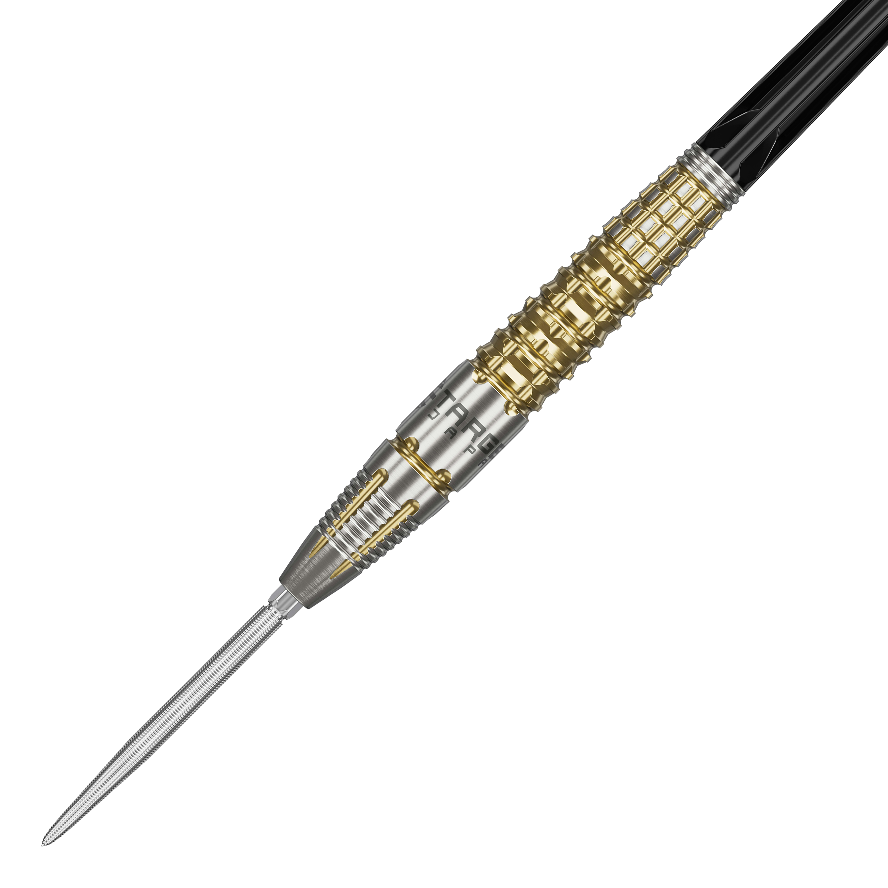 Dardos de acero Target Black Marque Warrior Swiss Point Das Bild zeigt einen Target Black Marque Warrior Swiss Point Steeldart. Der Dart ist silber und goldfarben mit auffälligen Rillen und einem spitzen Metallende.