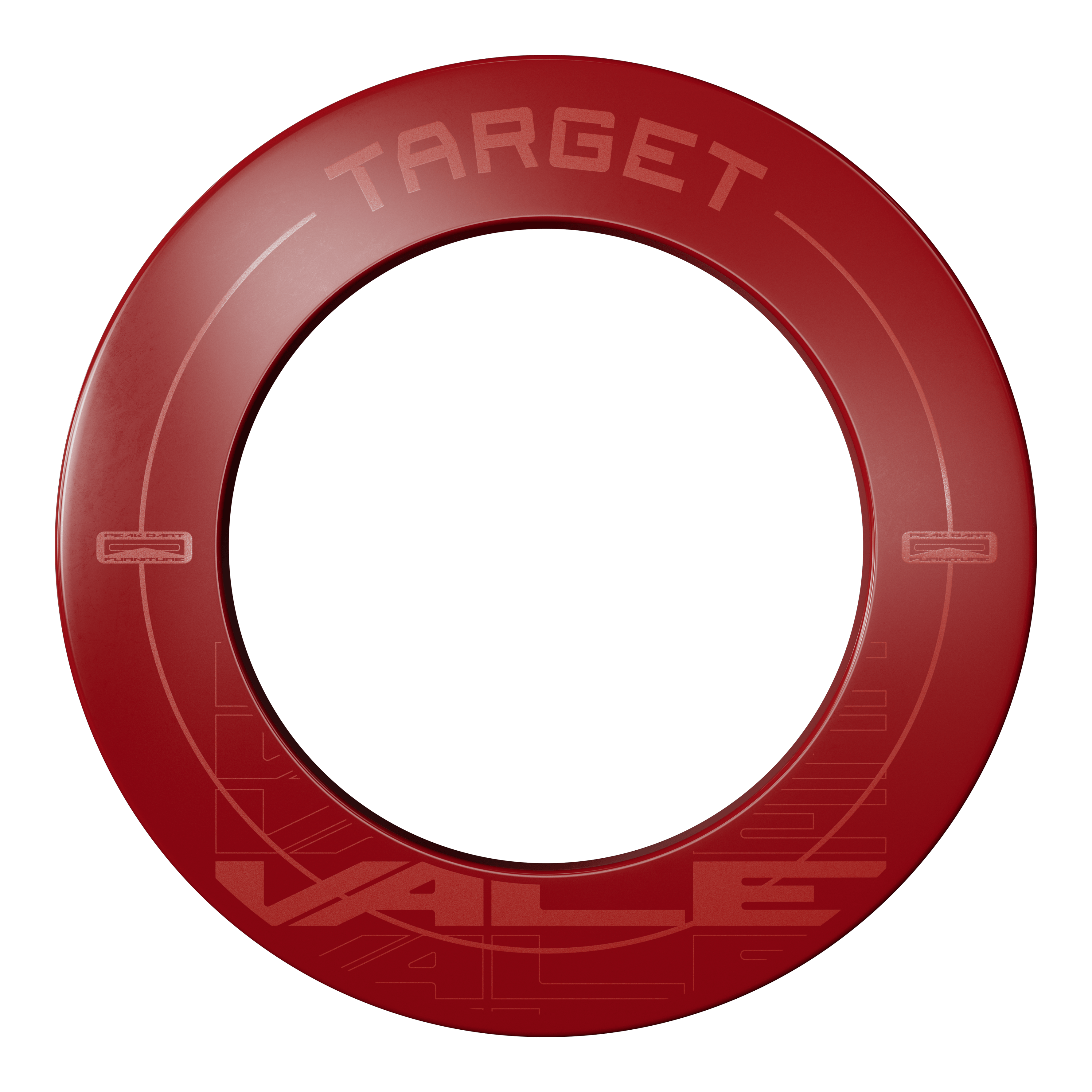 Marco para tablero de dardos Target VALE Das Bild zeigt einen roten Dartboard-Surround mit der Aufschrift "TARGET VALE". Der Surround ist rund und schützt die Wand rund um die Dartscheibe.
