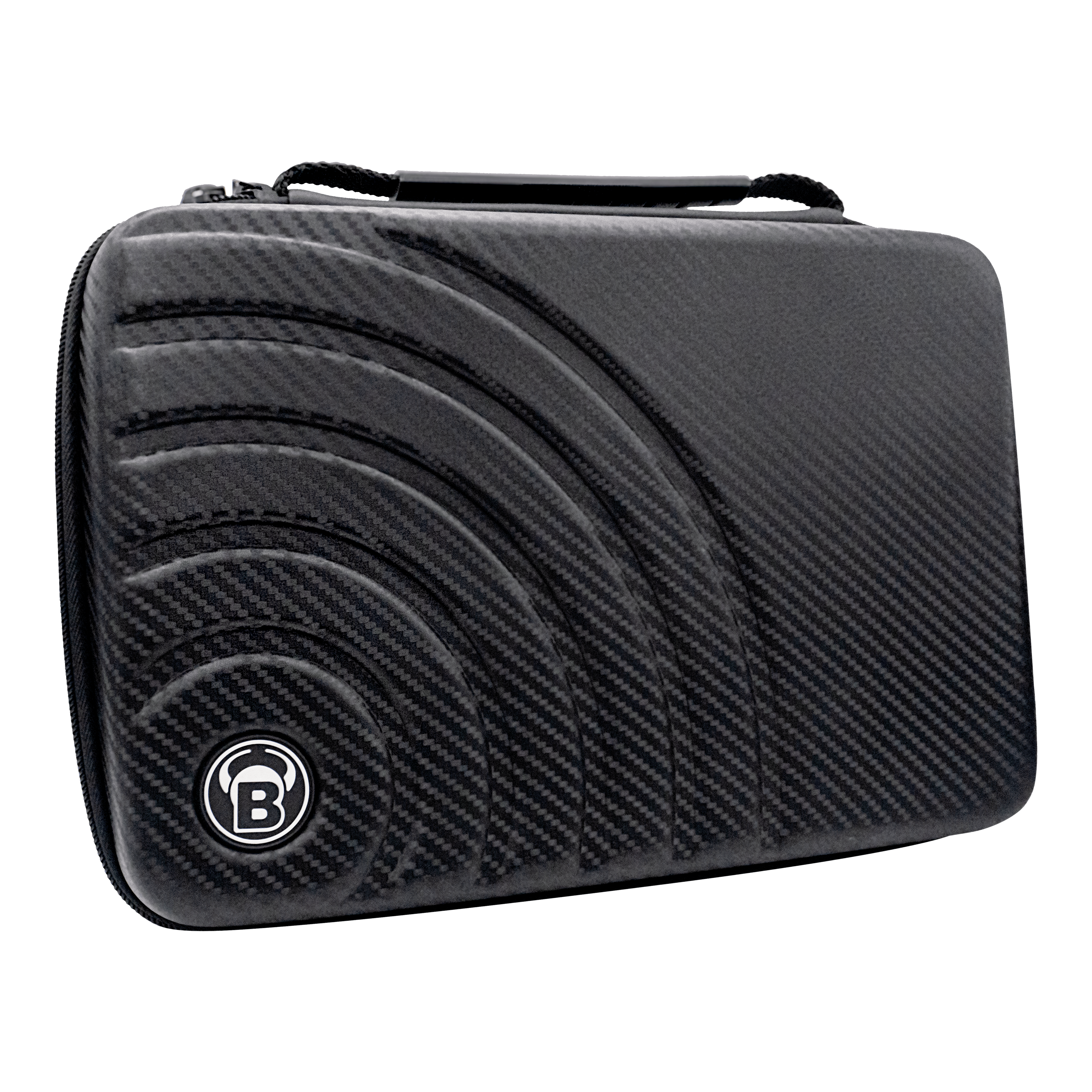 Pouzdro na šipky Bulls Orbis XXL - karbonově šedé Das Bild zeigt das "Bulls Orbis XXL Dartcase" in Carbongrau. Das Etui hat ein modernes, karbonähnliches Design mit einem eingelassenen Muster und dem Bulls-Logo.