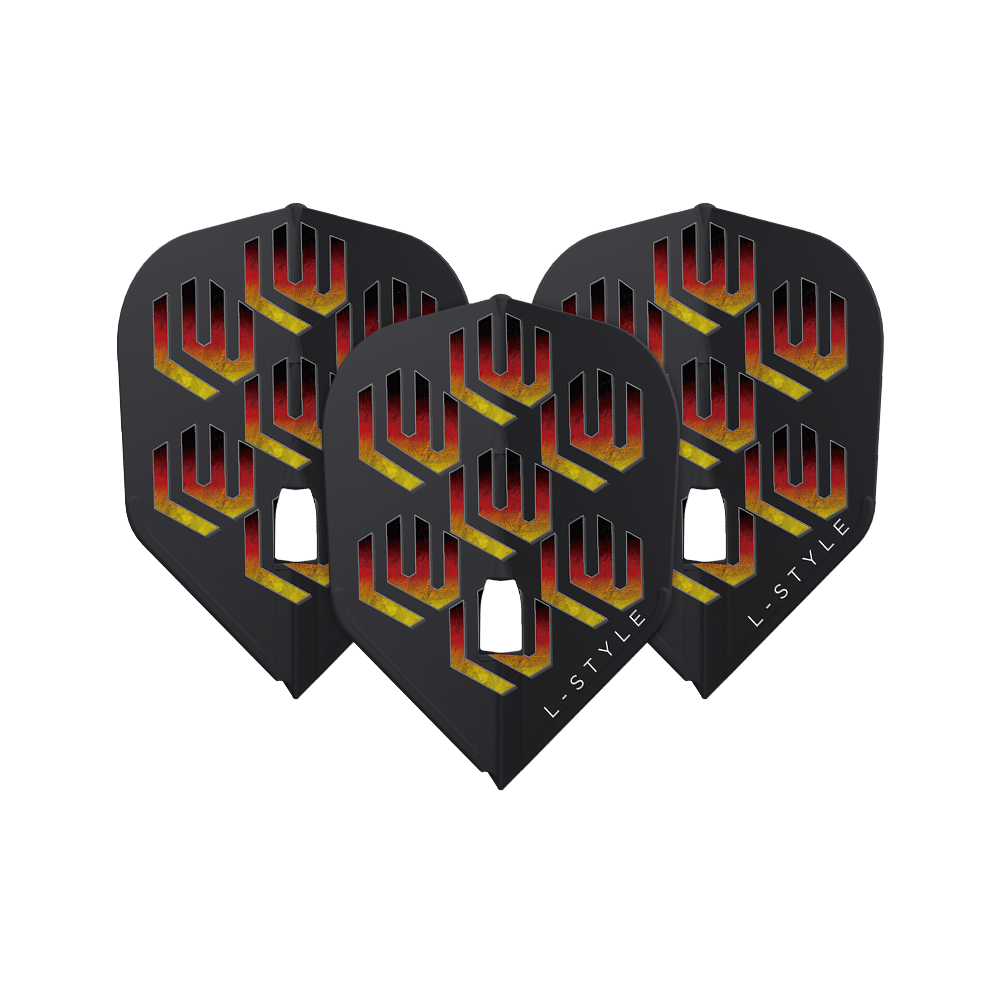 Plumas L-L-Styleukas Wenig V1 Black L3PRO Das Bild zeigt drei schwarze Dart-Flights mit einem auffälligen roten und gelben Muster. Auf jedem Flight steht unten rechts das Wort "L-STYLE".