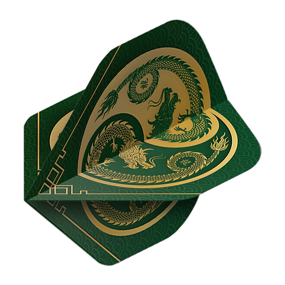 Pentathlonové lety Dragon green Das Bild zeigt die Pentathlon Dragon 3 Standard Flights. Sie sind grün mit einem goldenen Drachenmotiv verziert.