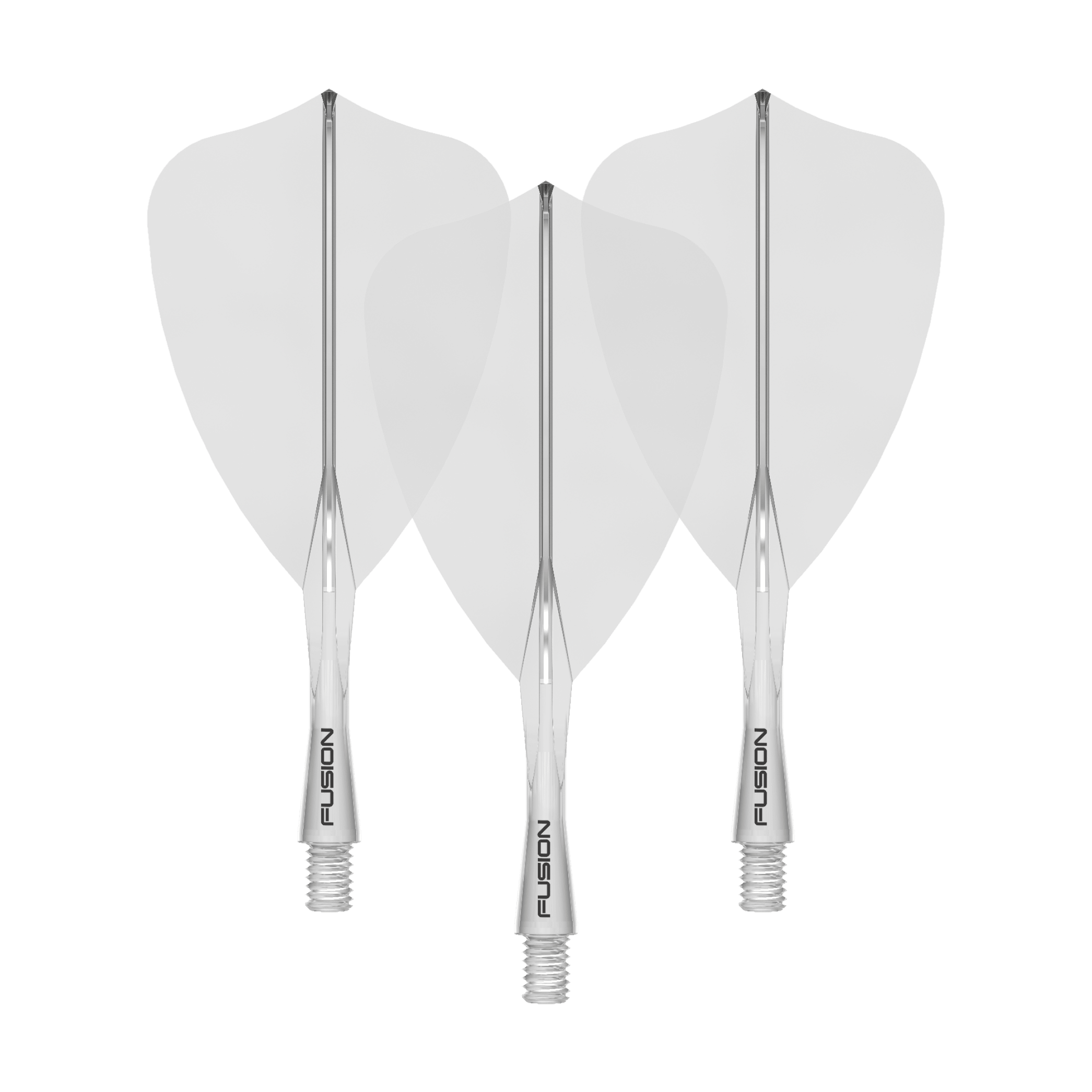 Das Bild zeigt ein Winmau Fusion Flight Shaft System Arrow, klar und 22mm lang. Es handelt sich um ein Set von Schäften für Dartpfeile.