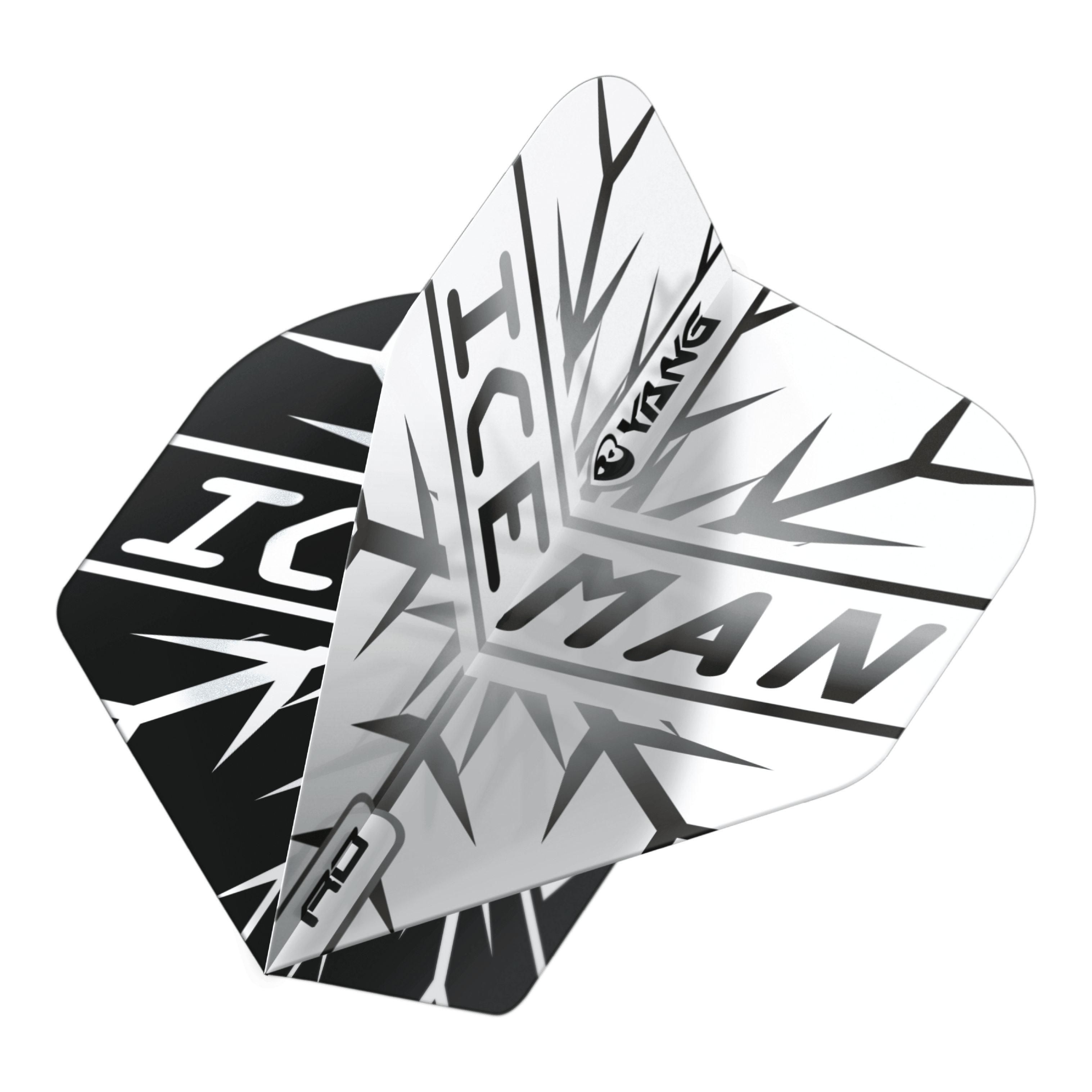 Red Dragon Gerwyn Price Iceman Nero Bianco Yin Yang Voli Standard Das Bild zeigt zwei Dartflights in Schwarz und Weiß mit dem Schriftzug "ICEMAN" und einem auffälligen Eismuster. Auf den Flights ist zudem das Wort "Yin Yang" zu sehen.