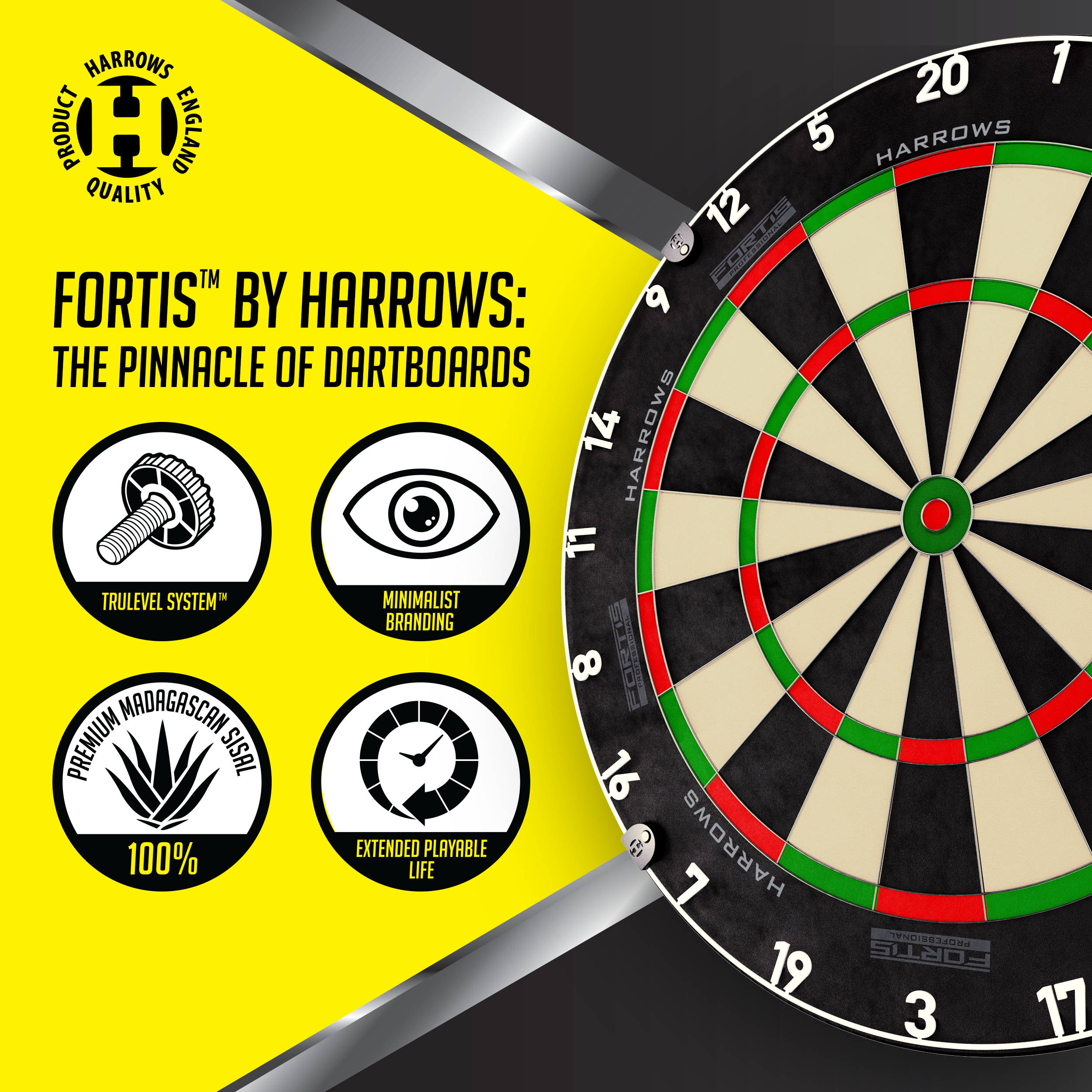 Diana de acero Harrows Fortis Das Foto zeigt ein Harrows Fortis Steeldartboard. Es ist für professionelle Dartspieler geeignet.