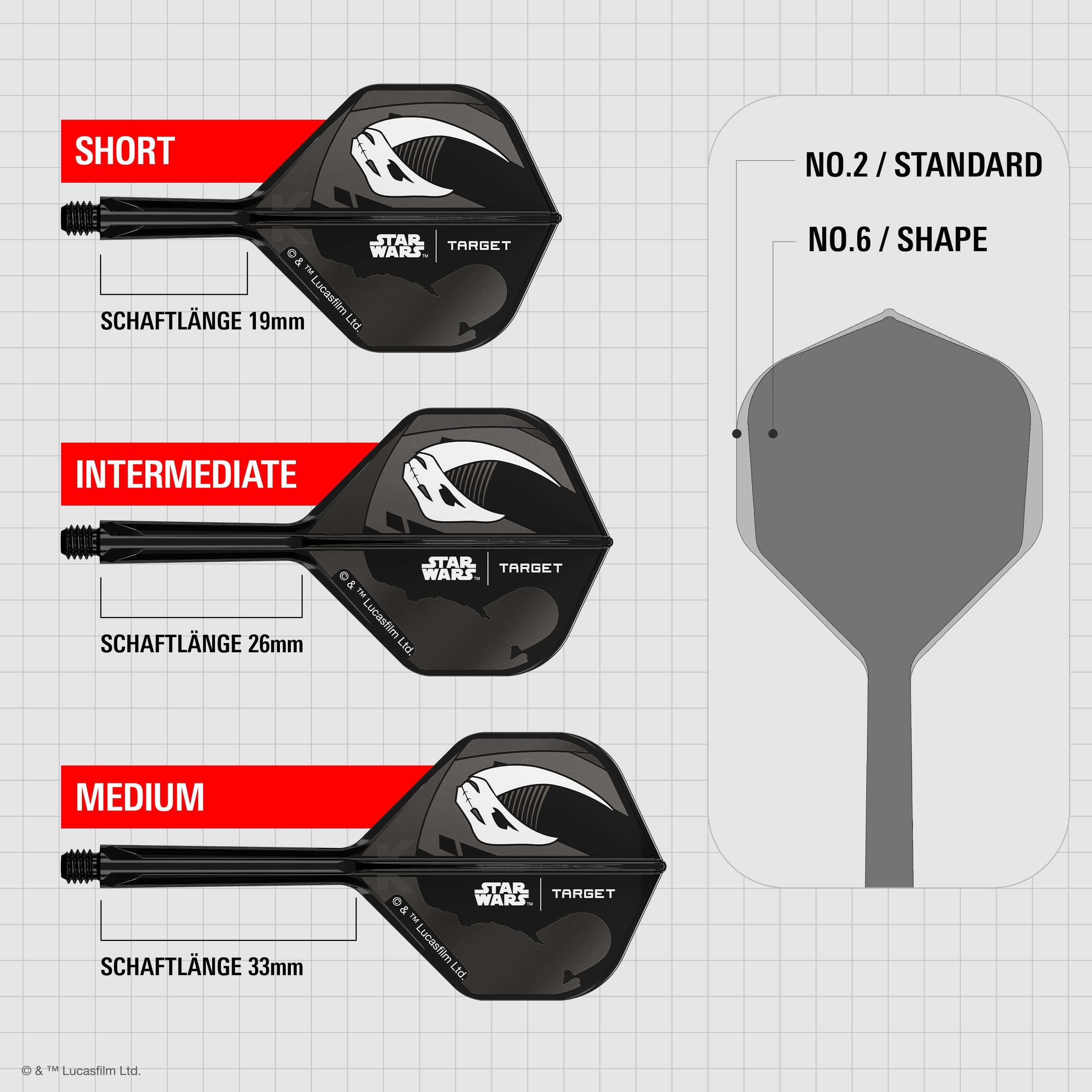 Target Star Wars K-Flex Set Mandalorian No6 Flights Das Bild zeigt das Target Star Wars K-Flex-Set Mandalorian No2 Standard Flights. Es handelt sich um zwei Dart Flights mit Mandalorian-Motiv aus Star Wars.