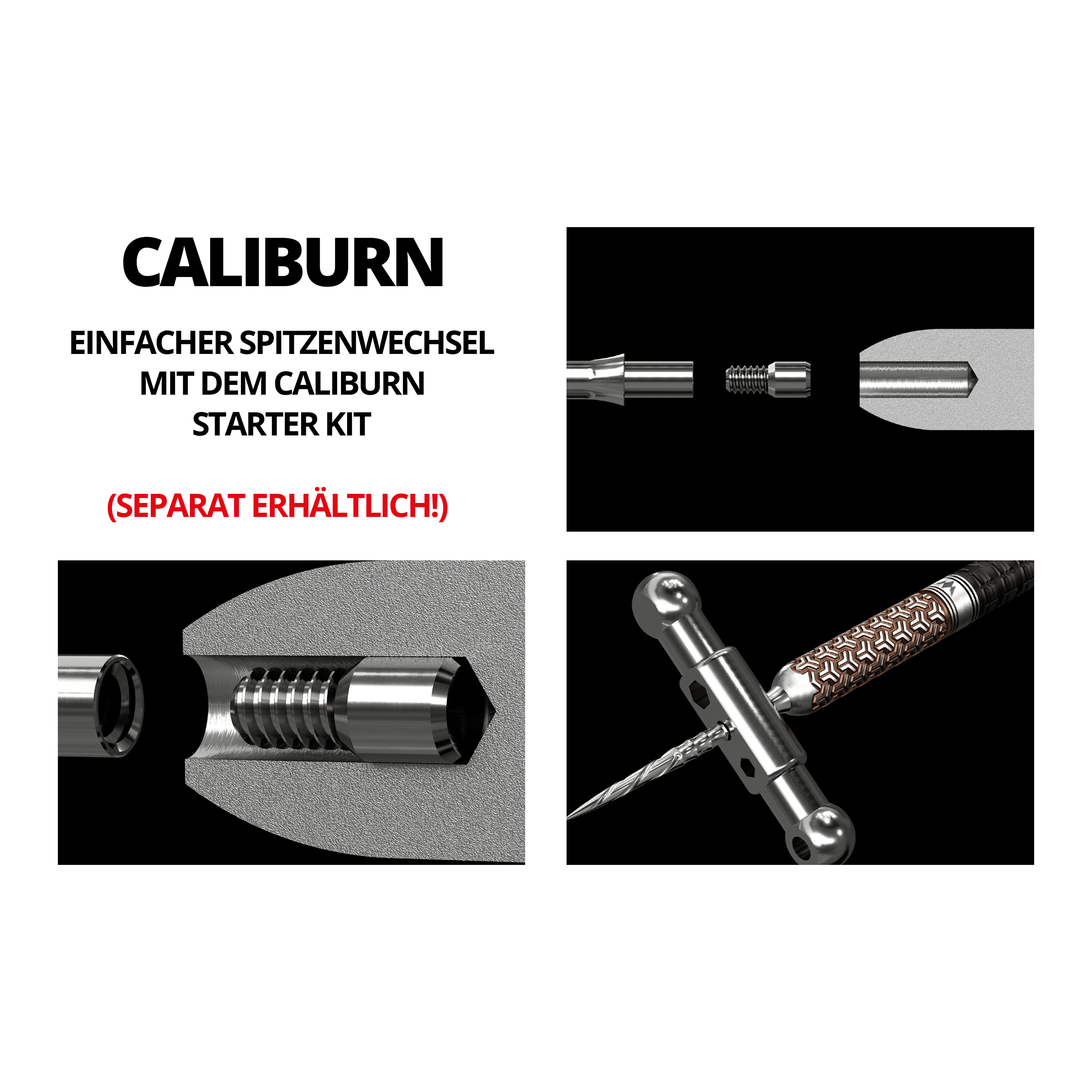 Das Bild zeigt verschiedene technische Zeichnungen und Werkzeuge für das Mission Caliburn EVO System mit Steeldartspitzen. In roter Schrift steht "SEPARAT ERHÄLTLICH!" auf dem Bild.
