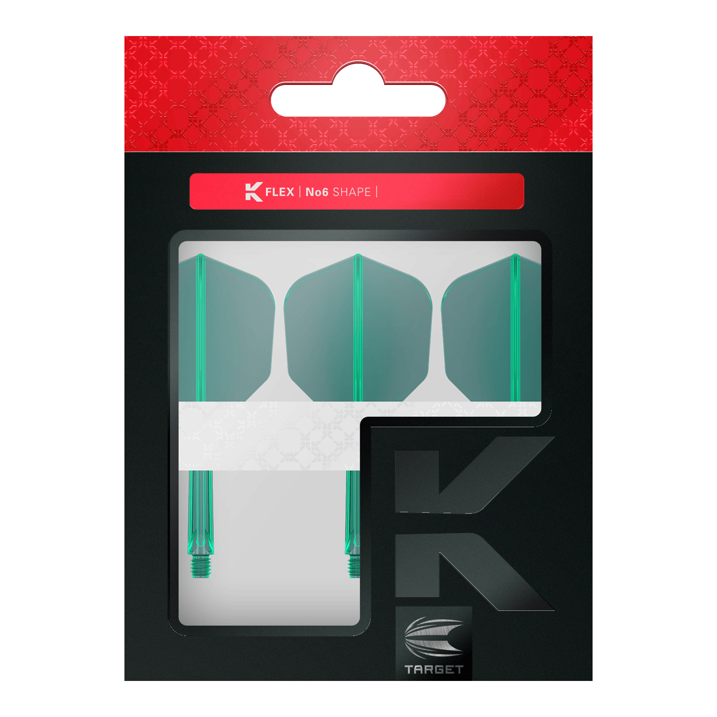 System lotu Target K-Flex No6 – zielony Das Bild zeigt eine Verpackung mit drei grünen Dartflügen und Schäften der Marke Target. Die Packung trägt die Aufschrift "K FLEX | No6 SHAPE".
