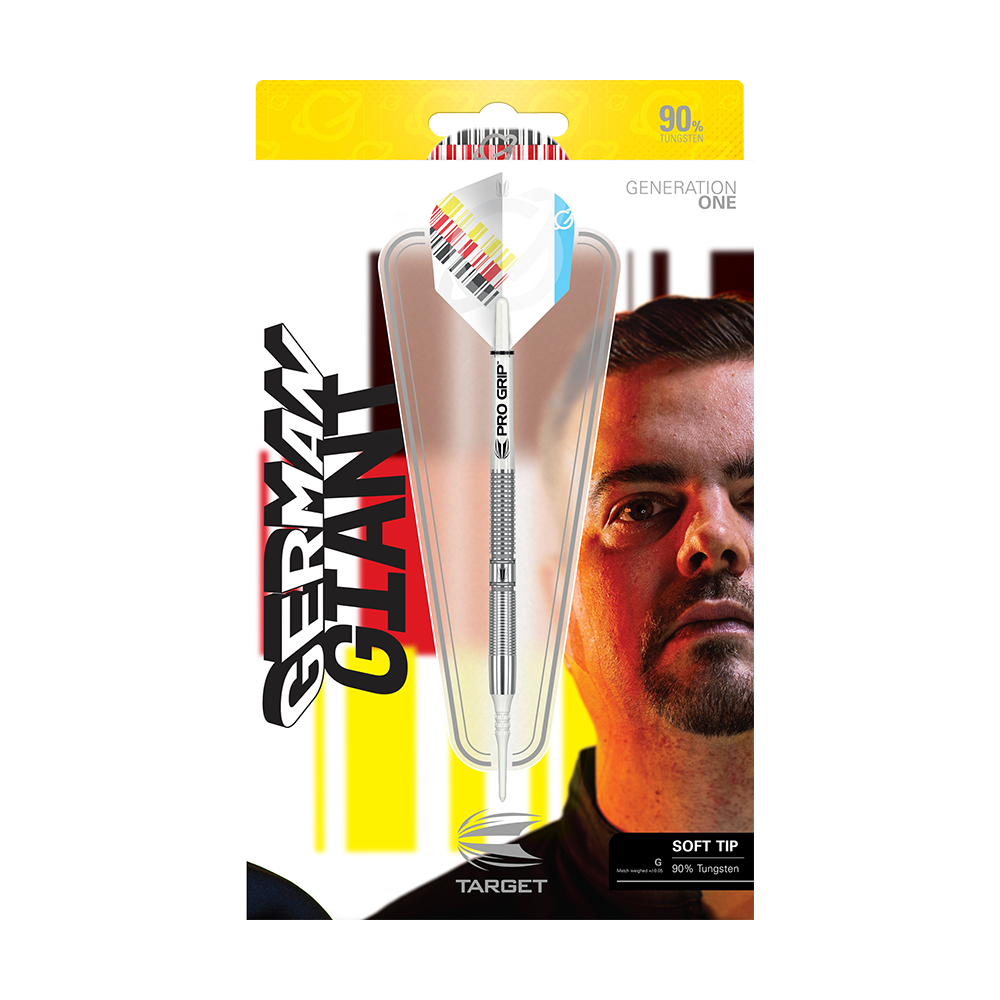 210048_Target_Gabriel_Clemens_2020_Softdarts_3 Die Verpackung zeigt die "Target Gabriel Clemens Generation One Softdarts". Im Vordergrund ist ein Dartpfeil zu sehen, im Hintergrund das Porträt eines Mannes mit dem Text "German Giant".