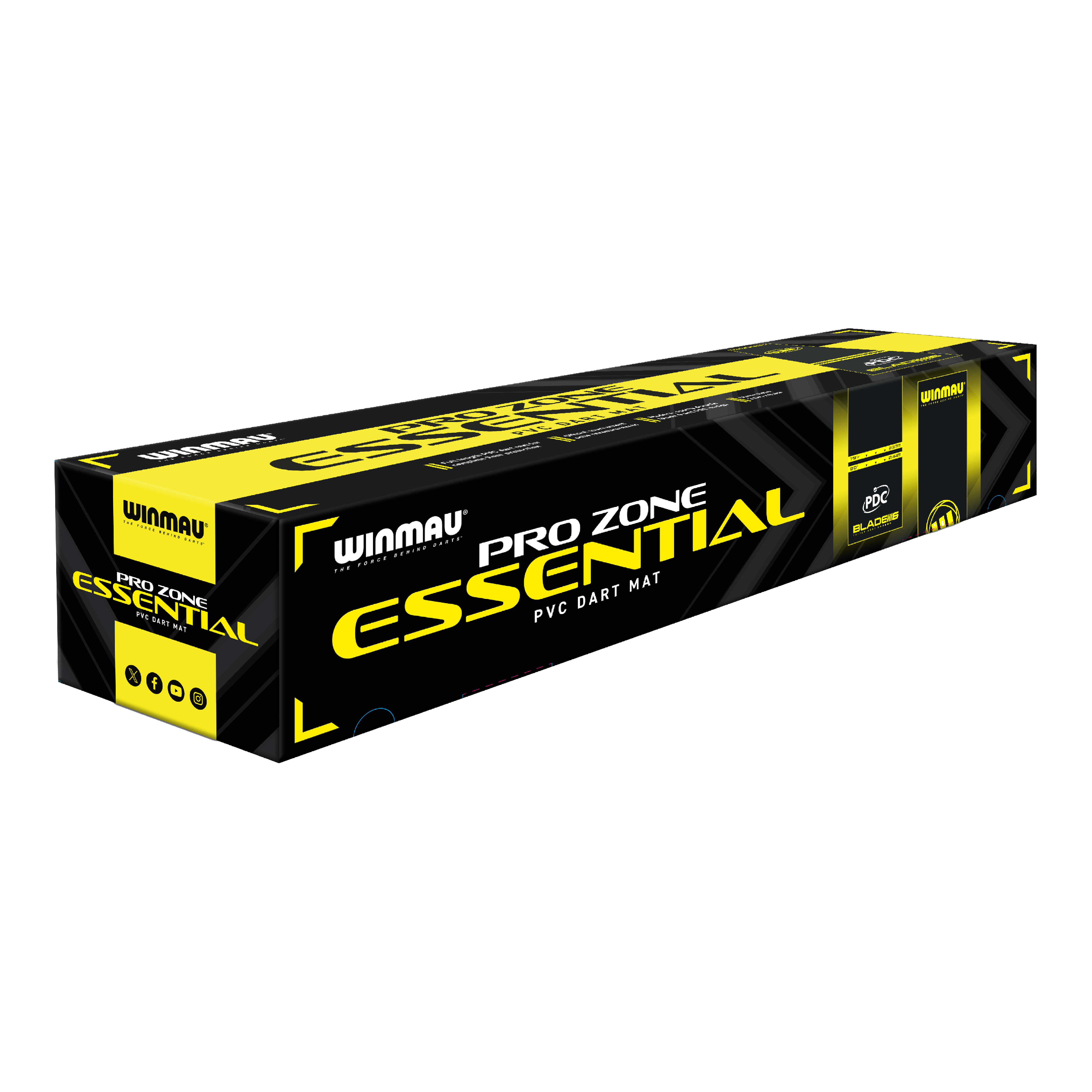 Tappetino per freccette in PVC Winmau Pro-Zone Essential Die Abbildung zeigt die Verpackung der 'Winmau Pro-Zone Essential PVC Dartmatte'. Die Box ist in den Farben Schwarz und Gelb gestaltet und trägt deutlich das Produktlogo.