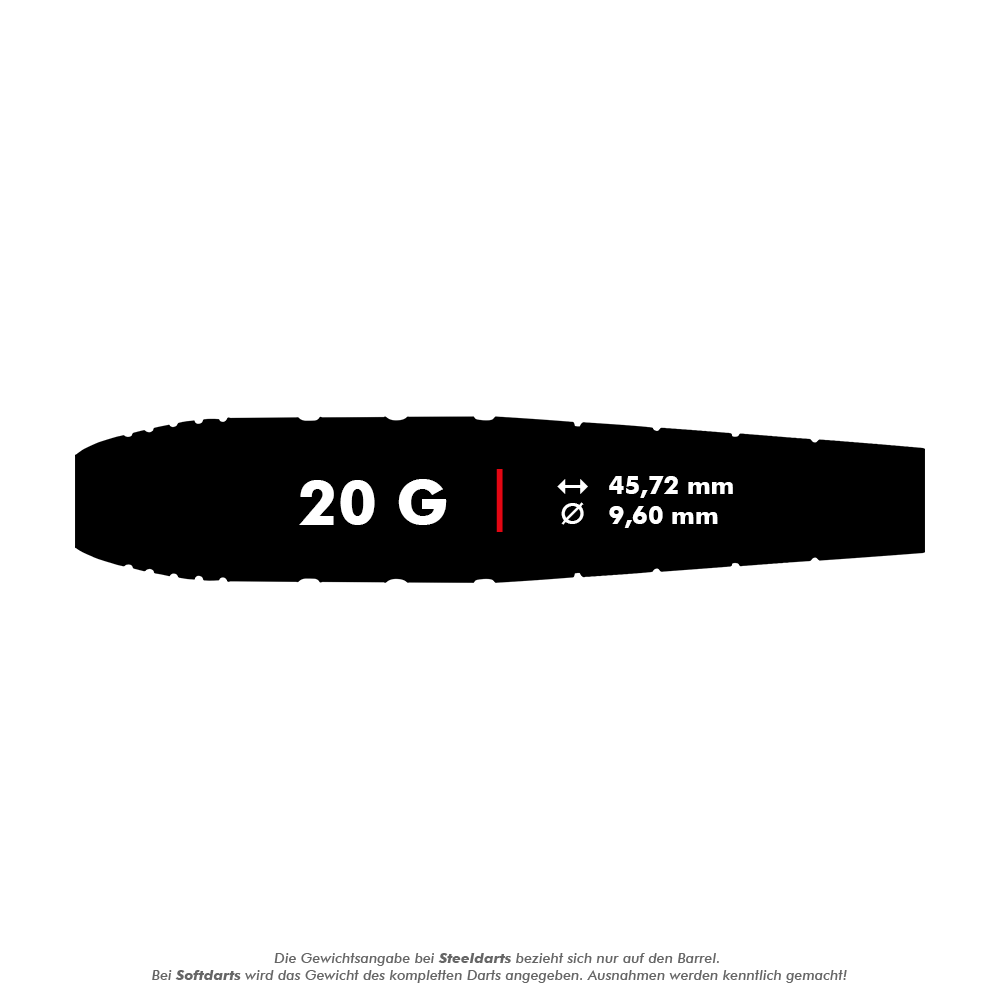 Šipky Red Dragon Luke Humphries World Champion Brass Softdarts - 20g Das Bild zeigt die Maße und das Gewicht des Produkts "Red Dragon Luke Humphries World Champion Brass Softdarts - 20g". Der Dart wiegt 20 Gramm, ist 45,72 mm lang und hat einen Durchmesser von 9,60 mm.