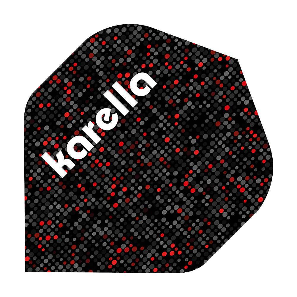 8032-13_Karella_XT-6_No2_Standard_Flights_1 Das Bild zeigt das Produkt "Karella XT-6 No2 Standard Flights". Das Flight ist schwarz mit roten und grauen Punkten und hat den weißen Schriftzug "karella".