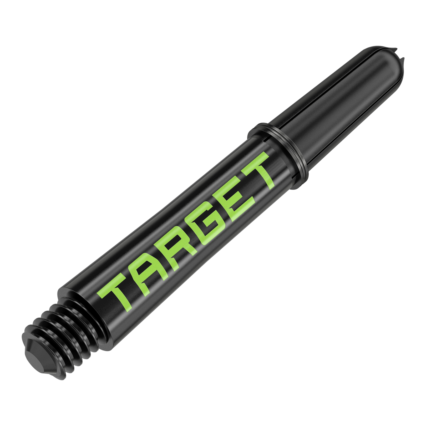 Target Pro Grip TAG Shafts - 3 Sets - Black Green Dies ist ein schwarzer Dartschaft mit grünem "TARGET"-Schriftzug. Er hat ein Schraubgewinde an einem Ende und ist 34 mm lang.