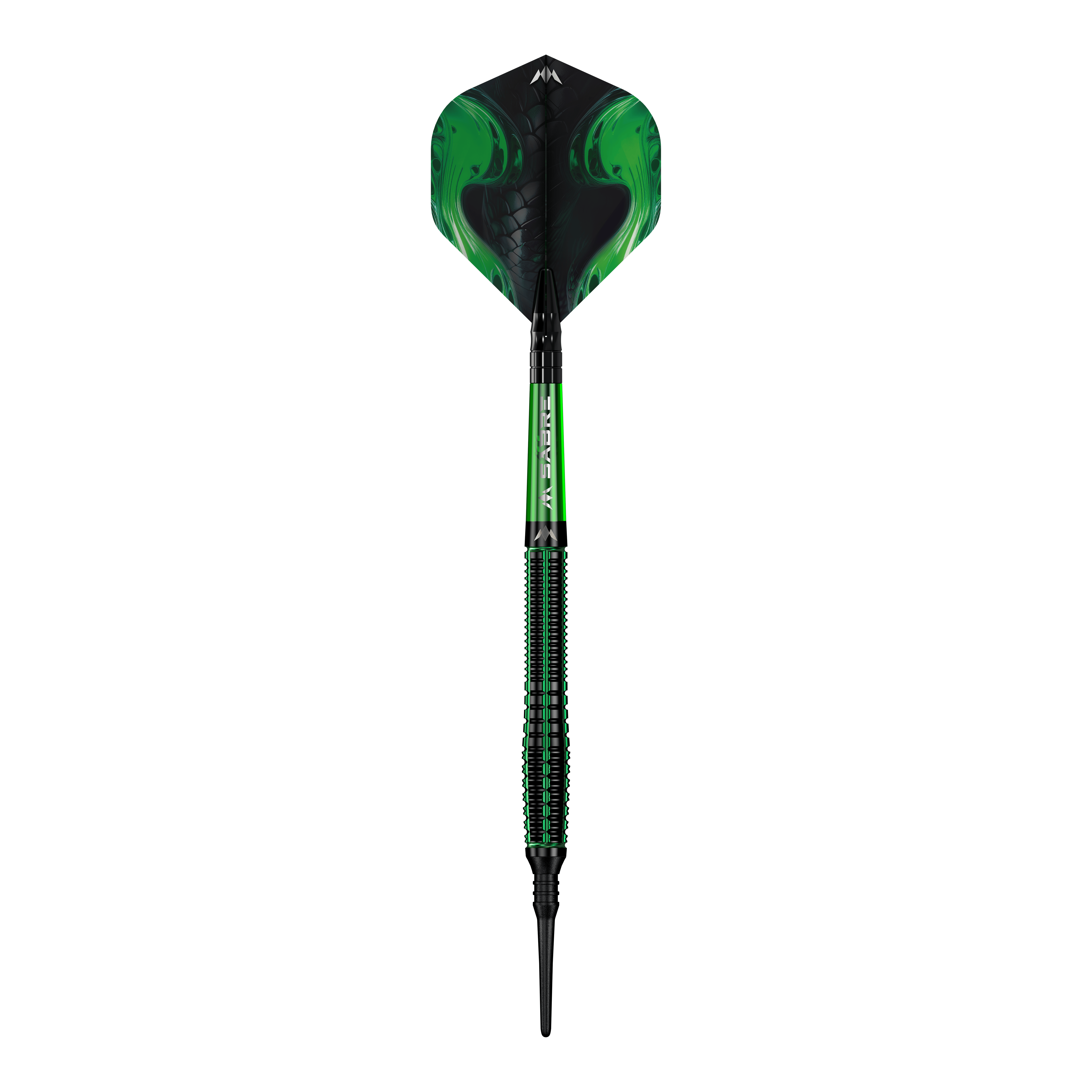 Šipky Mission Venom Softdarts - 20g Das Bild zeigt einen Softdart namens "Mission Venom Softdarts - 20g". Der Dart ist überwiegend schwarz und grün gestaltet und hat ein auffälliges, modernes Design.