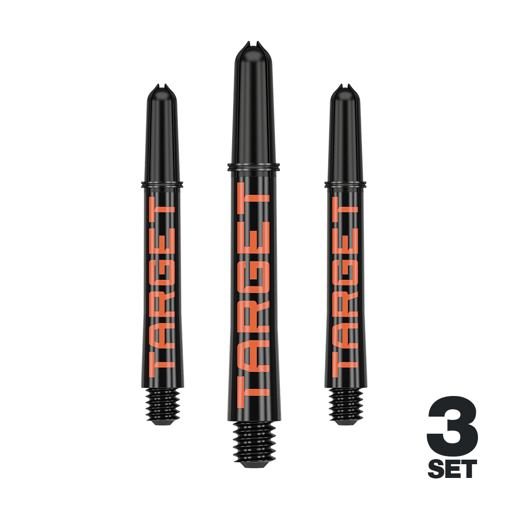 Tiges Target Pro Grip TAG - 3 jeux - Noir Orange Das Bild zeigt drei schwarze Dartschäfte mit orangener Schrift „TARGET“. In der rechten unteren Ecke steht „3 SET“.