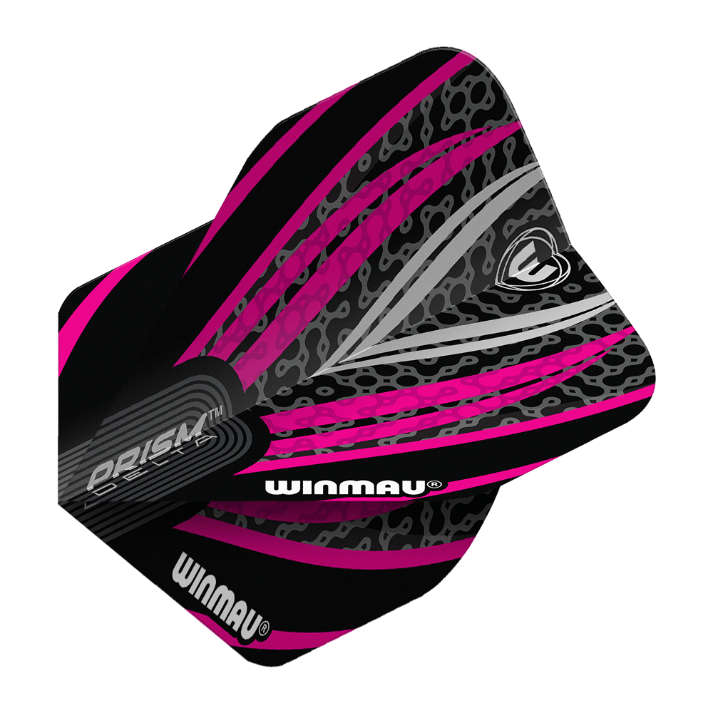 Letky Winmau Prism Delta černá bílá růžová č. 2 standardní Das Bild zeigt ein Winmau Prism Delta No2 Standard Dartflight in den Farben Schwarz, Weiß und Pink. Das Flight hat ein auffälliges, modernes Design mit grafischen Mustern und dem Winmau-Logo.