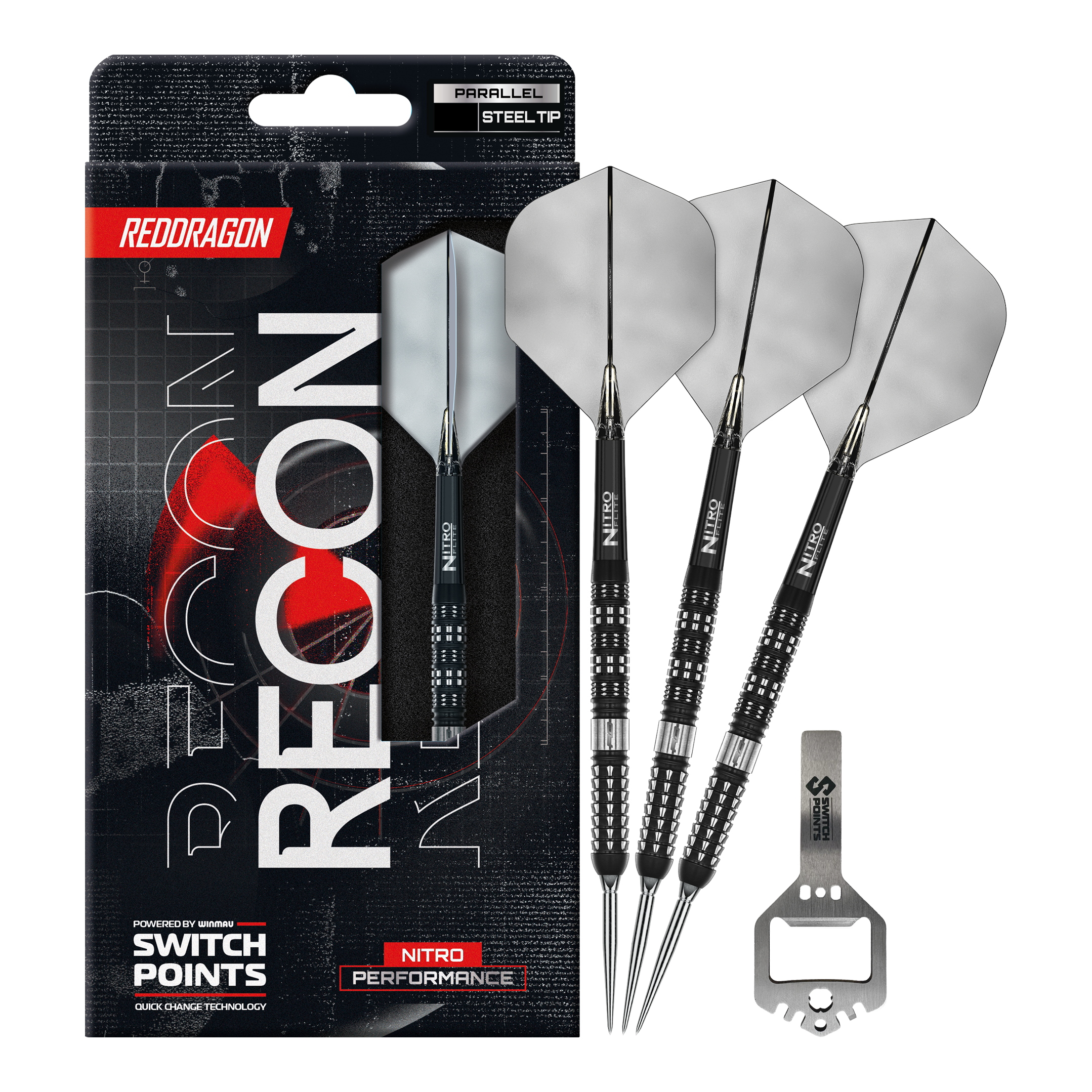 Red Dragon Recon Parallel Steeldarts Das Bild zeigt die Red Dragon Recon Parallel Steeldarts in voller Länge. Die Steeldarts haben ein modernes Design.