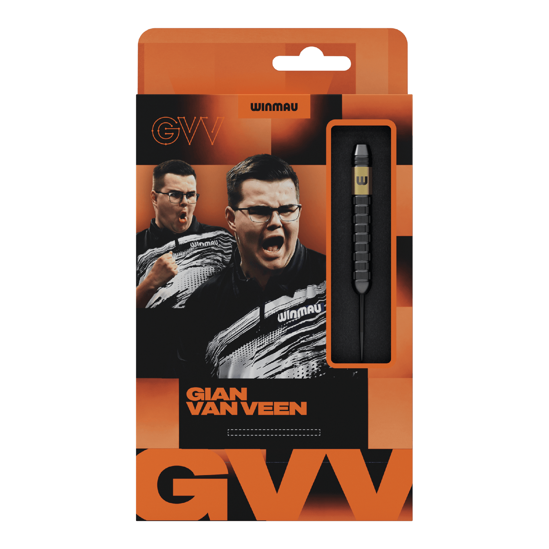 Winmau Gian Van Veen Core Brass Steeldarts - 21g Hier wird das Produkt Winmau Gian Van Veen Core Brass Steeldarts mit 21 Gramm gezeigt. Die Steeldarts liegen geordnet nebeneinander.