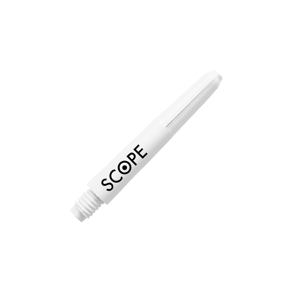 525_McDart_Scope_Nylon_Shafts_Weiss_34mm_2 Das Bild zeigt einen weißen McDart Scope Nylon Schaft für Darts. Auf dem Schaft steht in schwarzer Schrift das Wort "SCOPE".
