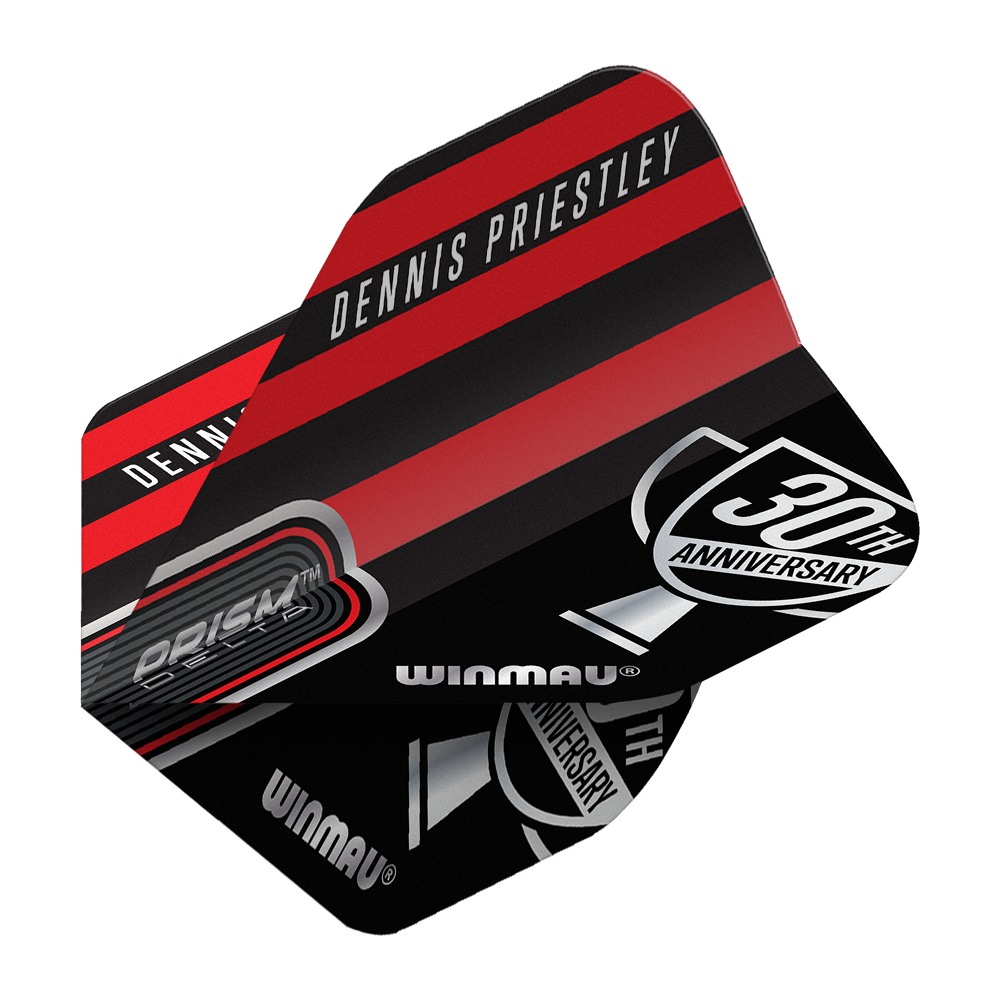 Voli standard Winmau Prism Delta Dennis Priestley Diamond 3-Zero No2 Das Bild zeigt ein Winmau Prism Delta Dart-Flight mit dem Namen "Dennis Priestley". Das Design ist in Schwarz und Rot gehalten und enthält den Schriftzug "30th Anniversary".