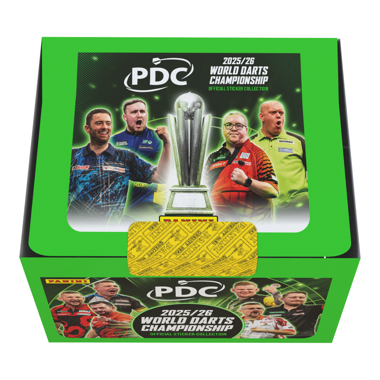 Panini PDC World Darts Championship 2025/26 - Stickerbox mit 65 Tüten Die Panini PDC World Darts Championship 2025/26 Stickerbox mit 65 Tüten ist zu sehen. Das Bild gibt einen Überblick über die Verpackung und den Inhalt der Box.