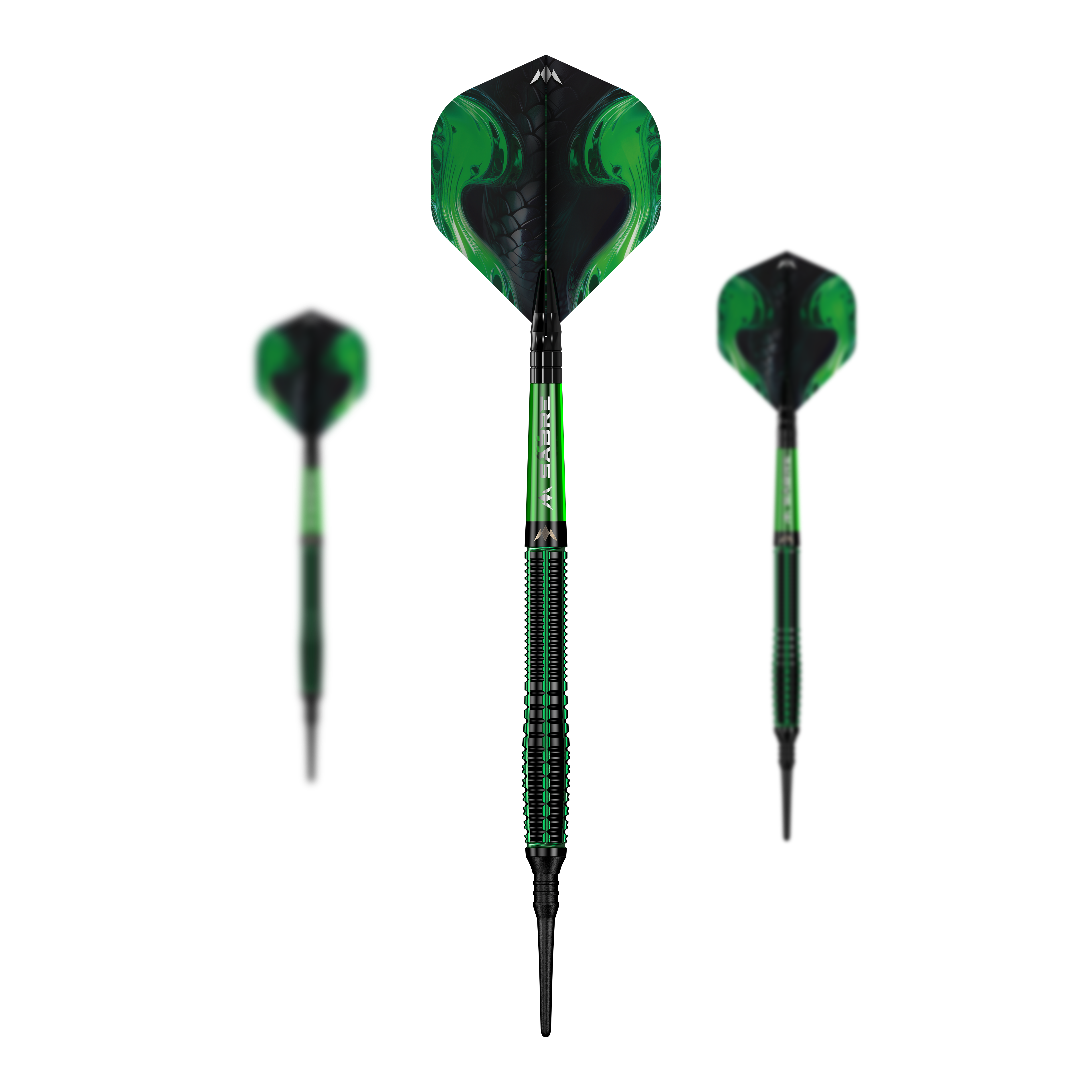 Miękkie lotki Mission Venom - 20g Mehrere Mission Venom Softdarts - 20g liegen als Set nebeneinander. Die Materialien erscheinen hochwertig.