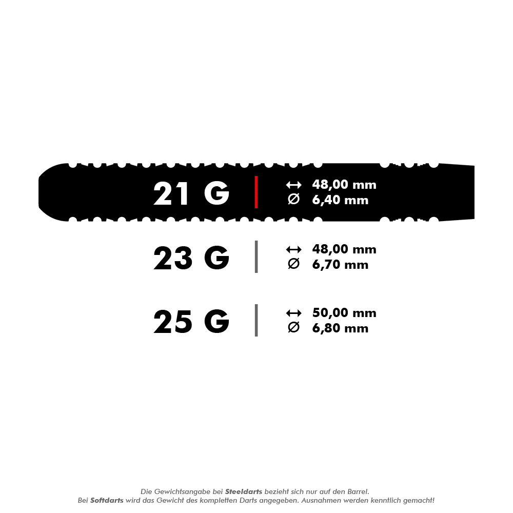190095_Target_Rob_Cross_GEN2_Swiss_Point_Steeldarts_5_21g Das Bild zeigt die verschiedenen Gewichtsklassen und Maße der Target Rob Cross GEN2 Swiss Point Steeldarts. Es gibt Varianten mit 21 g (48,00 mm Länge, 6,40 mm Durchmesser), 23 g (48,00 mm, 6,70 mm) und 25 g (50,00 mm, 6,80 mm).