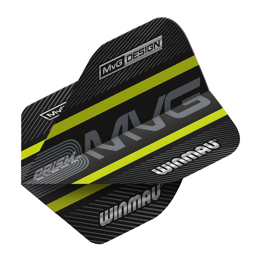 6915-188_Winmau_Prism_Alpha_MvG_Green_Standard_Flights_2 Winmau Prism Alpha MvG Green Standard Flights mit charakteristischem Muster. Die Flights sind gut angeordnet.