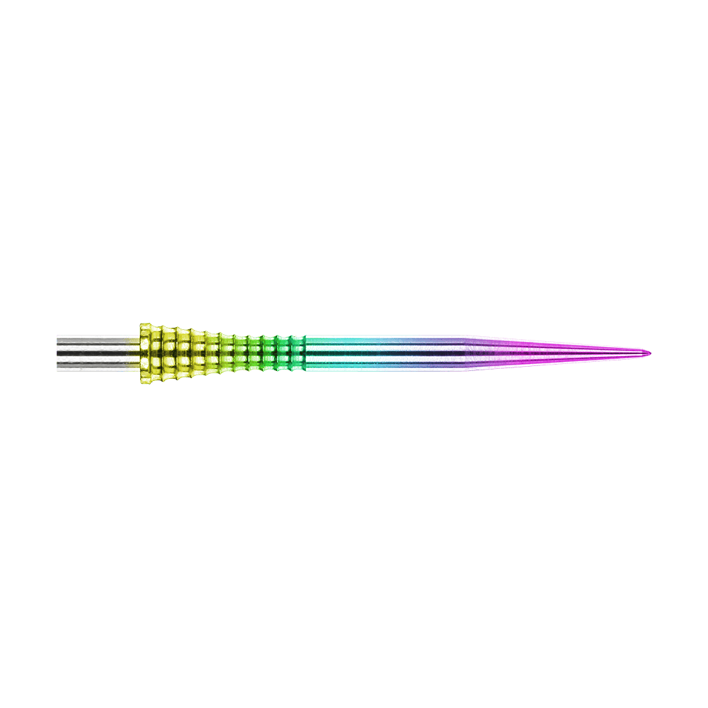 Puntas de dardos de acero arcoíris con agarre Raptor de Red Dragon de 30 mm Auf dem Bild ist eine Red Dragon Raptor Gripped Rainbow Steeldartspitze mit einer Länge von 38 mm zu sehen. Die Spitze besitzt einen farbigen Regenbogeneffekt und eine geriffelte Grifffläche.