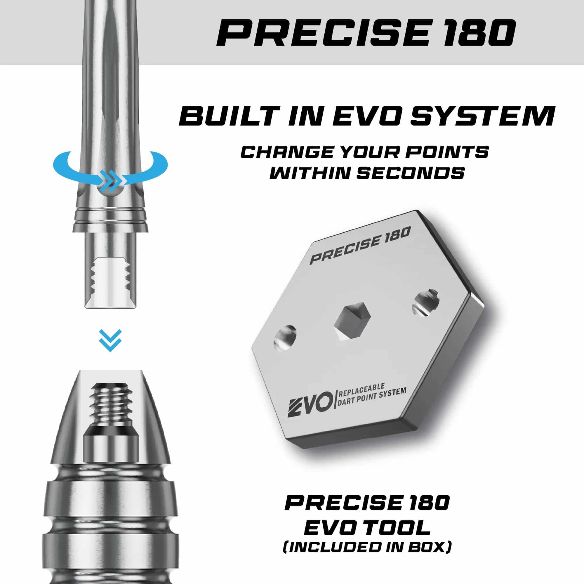 Fléchettes en acier Precise 180 MRV1 Auf dem Bild sind die Precise 180 MRV1 Steeldarts - 23g zu sehen. Diese Darts sind für ihre Präzision und Qualität bekannt.