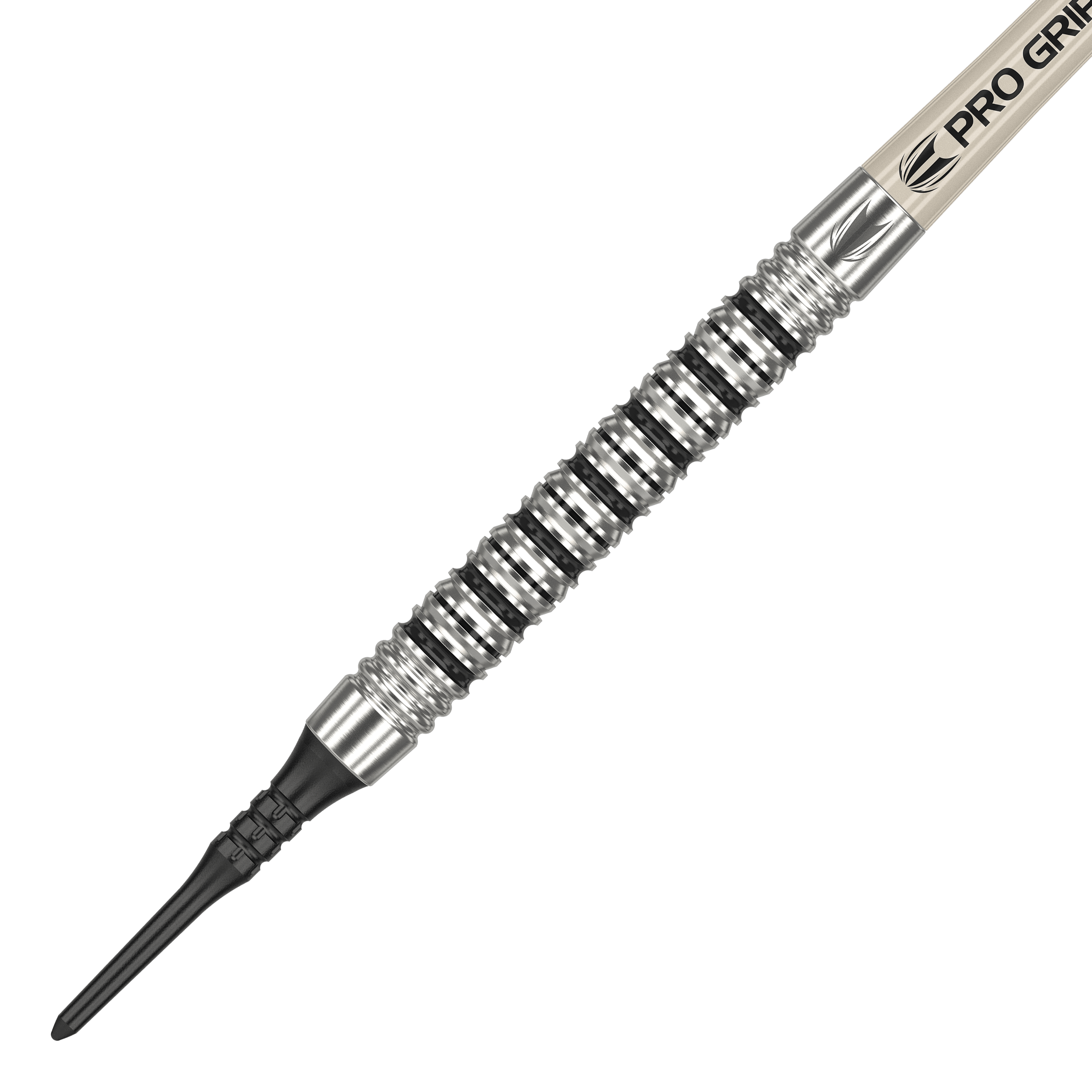 Freccette morbide Target EXO 11 Das Bild zeigt den Target EXO 11 Softdart. Der Dart hat eine silberne, gerillte Griffzone und eine schwarze Kunststoffspitze.