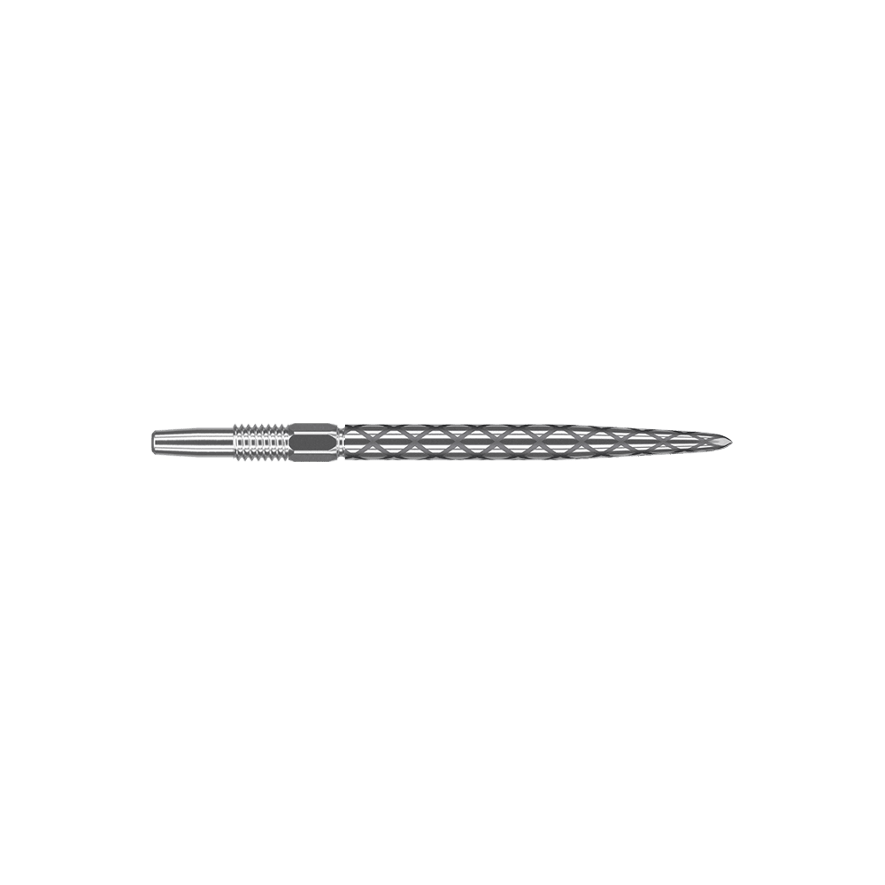 Target Swiss Diamond Pro Silver Points Dartspitzen Das Bild zeigt eine silberne Dartspitze mit einem rautenförmigen Muster. Sie ist lang und schmal gefertigt und hat eine glatte, glänzende Oberfläche.