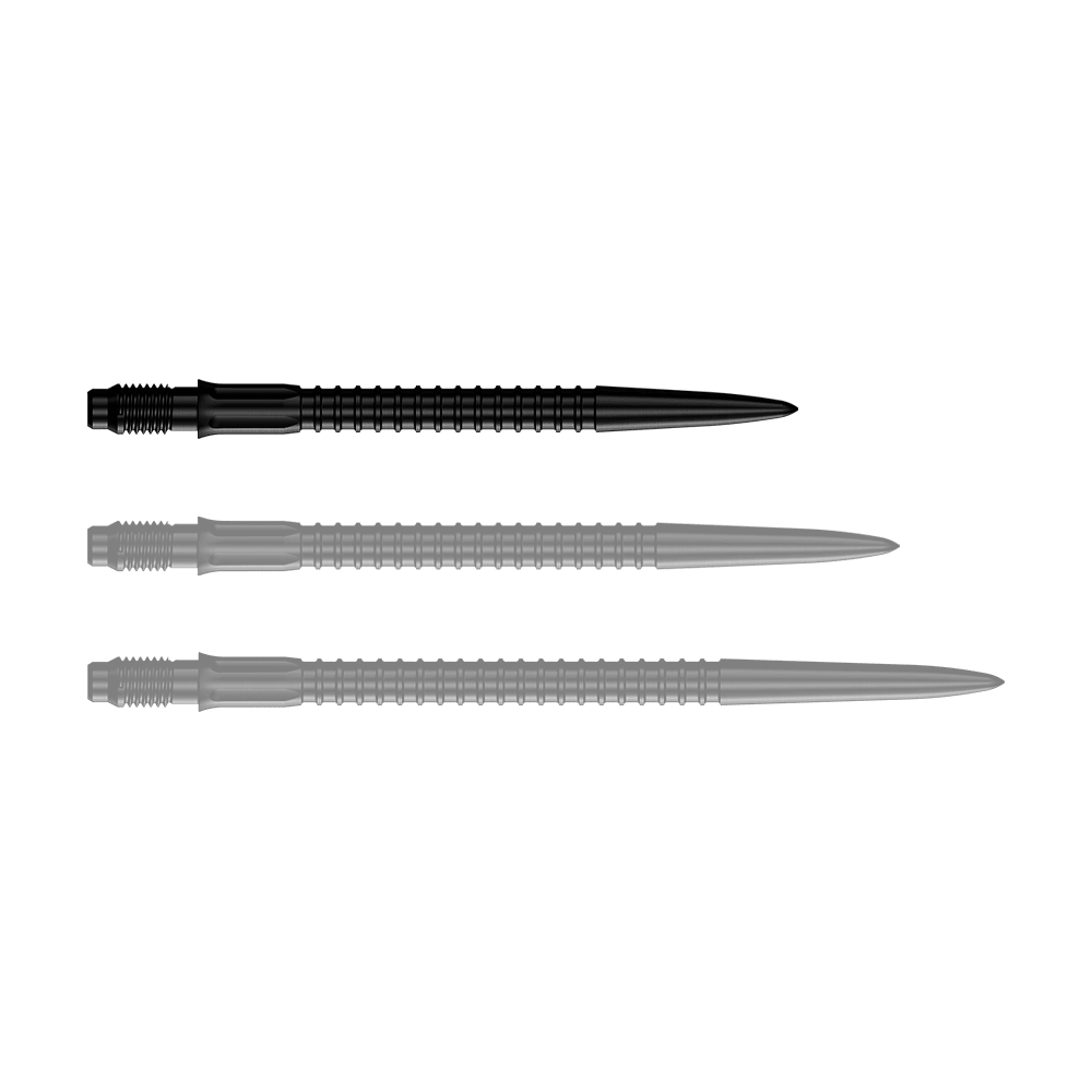 Auf dem Bild sind schwarze Dartspitzen dargestellt. Diese Dartspitzen sind 30 mm lang.