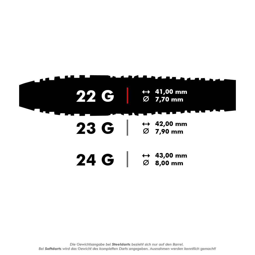 Dardos de acero Shot Celt Balor Das Bild zeigt verschiedene Steeldart-Modelle mit unterschiedlichen Gewichten und Maßen. Es werden die Längen und Durchmesser für 22g, 23g und 24g Darts angegeben.