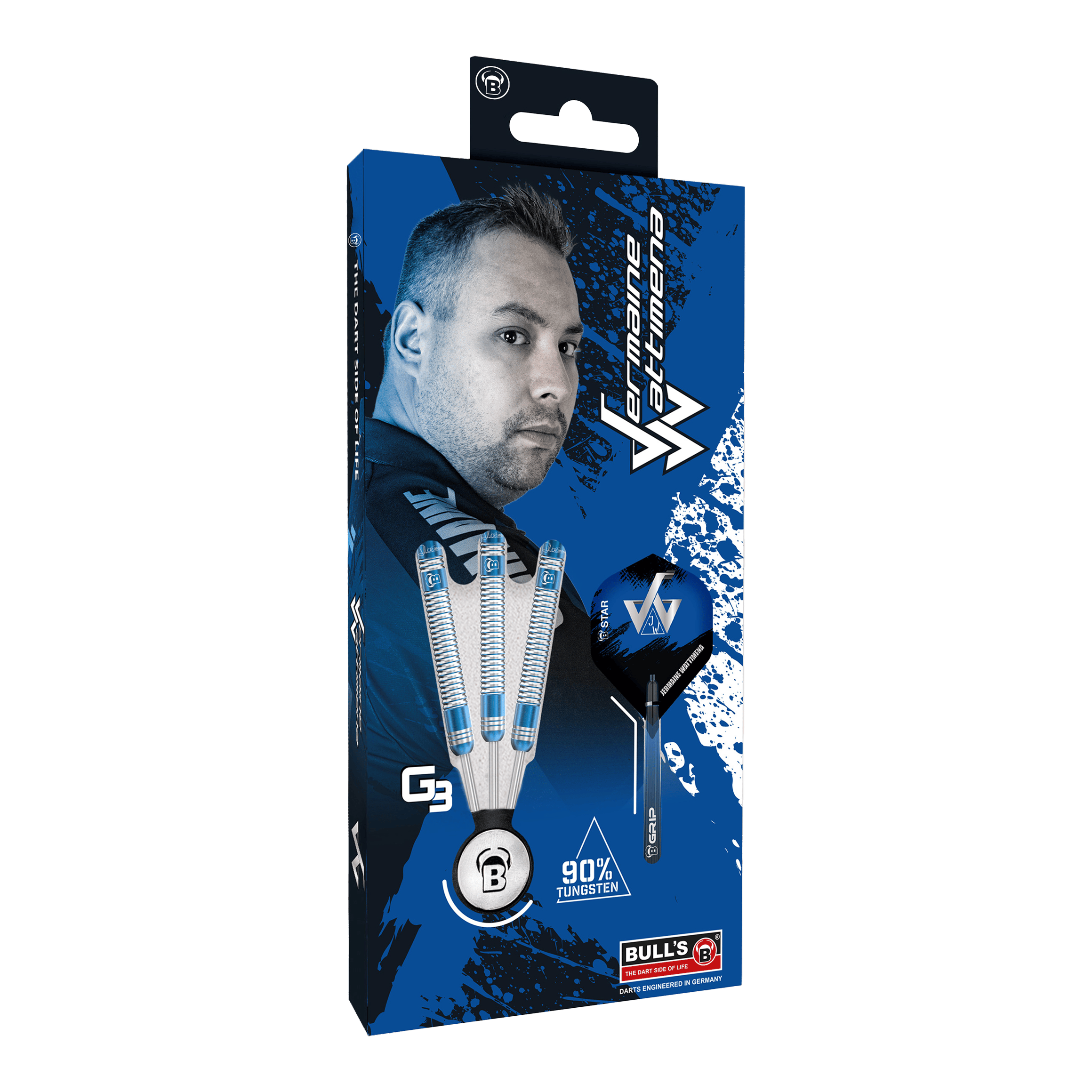 Bulls Jermaine Wattimena Generacja 3 stalowe lotki Die Verpackung zeigt die Bulls Jermaine Wattimena Generation 3 Steeldarts mit 90% Tungsten. Auf der Vorderseite ist ein Bild von Jermaine Wattimena und die drei Darts abgebildet.