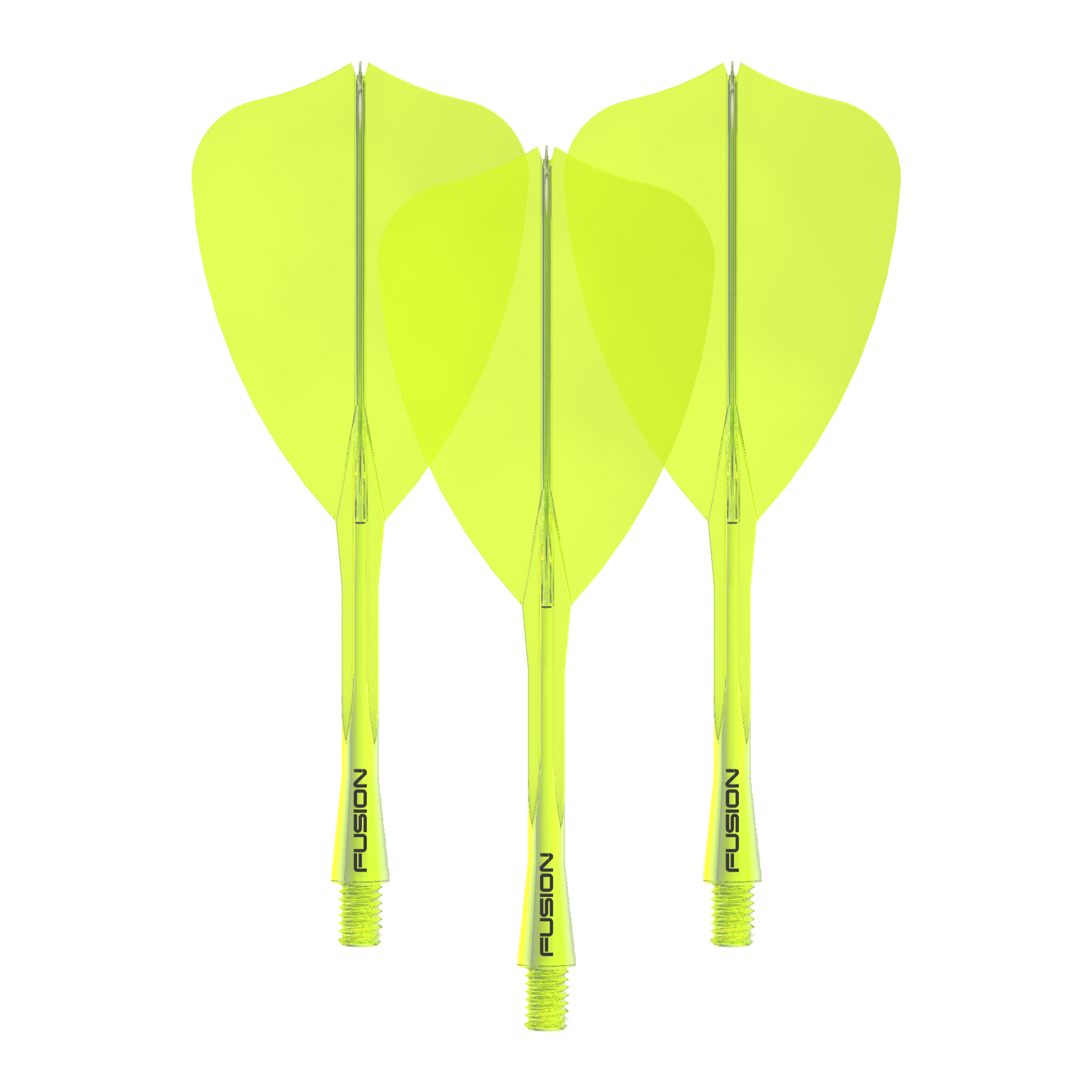 Das Bild zeigt das Winmau Fusion Flight Shaft System Arrow Set in Neongelb mit einer Länge von 34 mm. Es handelt sich um ein Set für Dartpfeile.