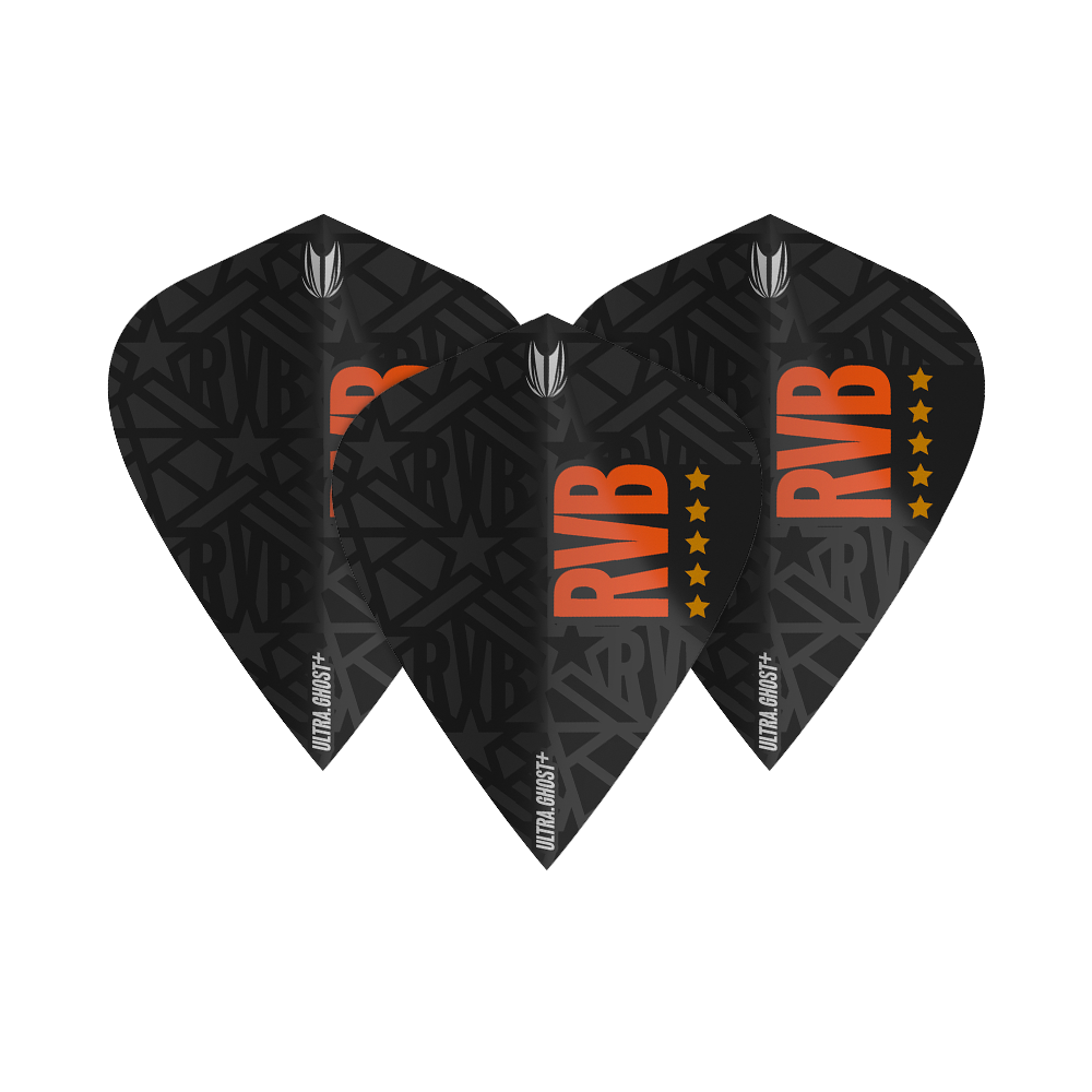Target UltraGhost Raymond Van Barneveld GEN2 Voli per aquiloni Das Bild zeigt drei schwarze Dartflights mit dem Schriftzug "RVB" in orange und einem Muster im Hintergrund. Die Flights tragen zusätzlich die Aufschrift "ULTRA GHOST+" und sind mit fünf Sternen versehen.