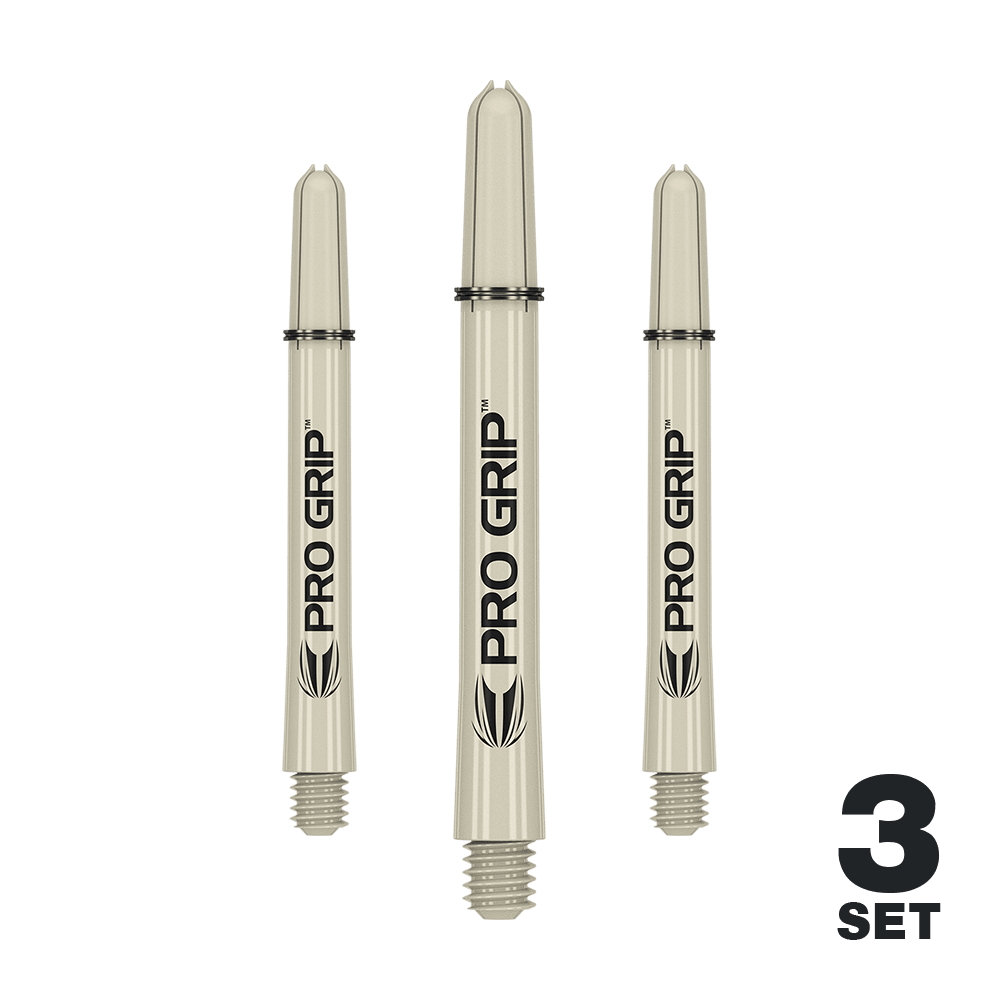 Target Pro Grip Shafts - 3 Sets - Sand Auf dem Bild sind drei sandfarbene Pro Grip Dartschäfte zu sehen. Unten rechts steht "3 Set", was auf ein Set aus drei Stück hinweist.