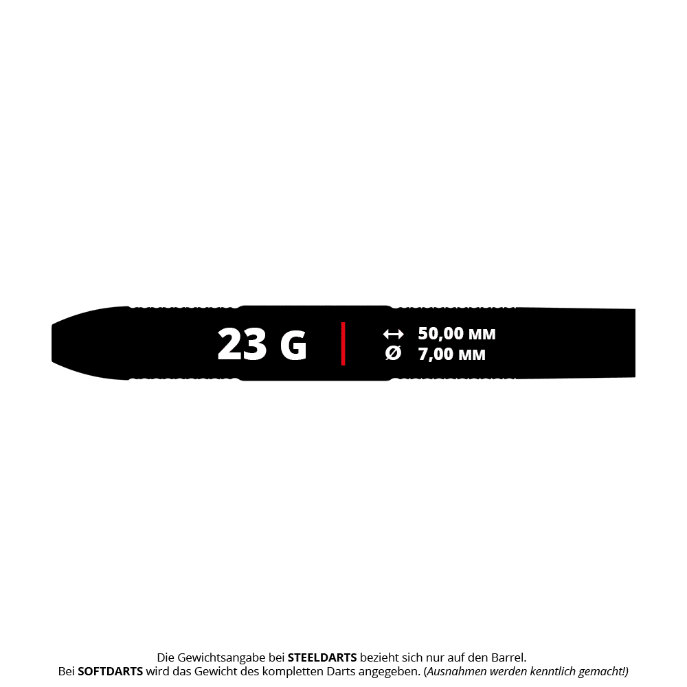 Das Bild zeigt die Produktangaben für die Bulls Challenger Sascha Stuhlemmer Steeldarts mit einem Gewicht von 23 Gramm. Der Barrel ist 50,00 mm lang und hat einen Durchmesser von 7,00 mm.