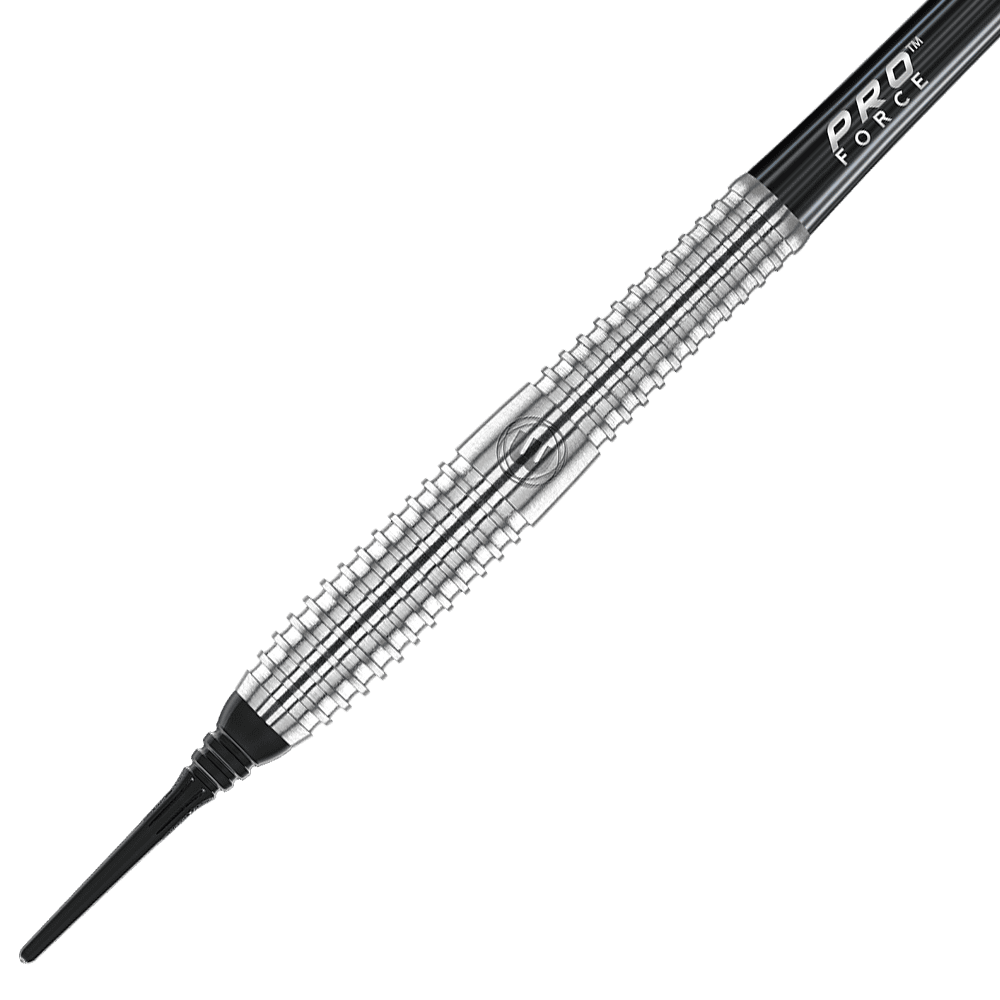 2465_Winmau_Maverick_Softdarts_2 Das Bild zeigt einen Winmau Maverick Softdart mit einem Gewicht von 20 Gramm. Der Dart hat ein silbernes, geriffeltes Barrel und eine schwarze Kunststoffspitze.