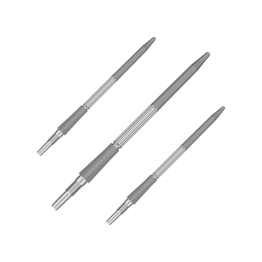 Das Bild zeigt ein Set der Target Elysian Archetype 43 SwissPoint Dartspitzen in Silber mit 42 mm Länge. Die Spitzen sind geeignet für professionelle Dartspiele.