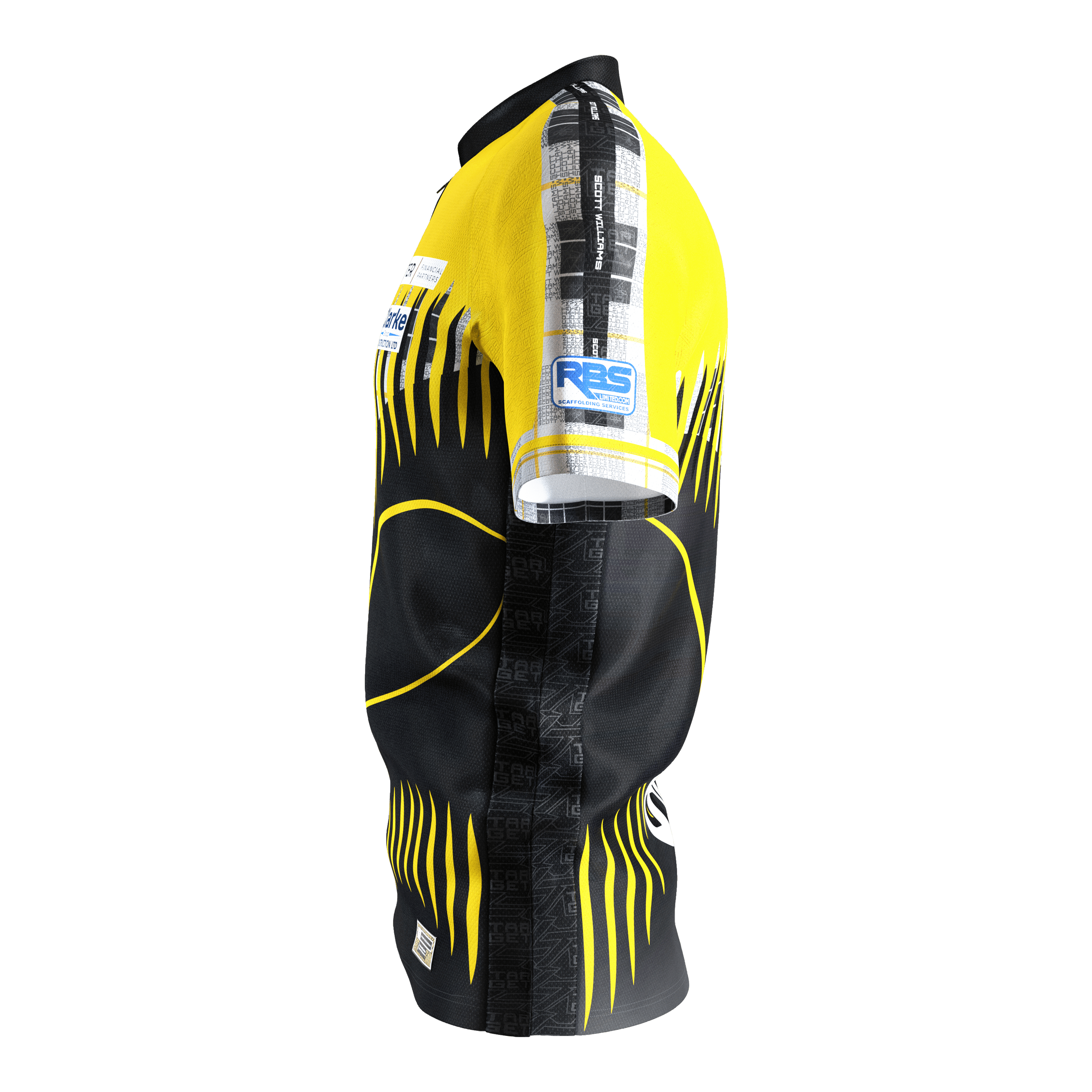 Koszulka do darta Target Coolplay Scott Williams 2025 Das Bild zeigt ein Dartshirt mit dem Namen "Target Coolplay Scott Williams 2025 Dartshirt". Das Shirt ist überwiegend schwarz und gelb gestaltet und hat auffällige Muster sowie Sponsorenlogos.