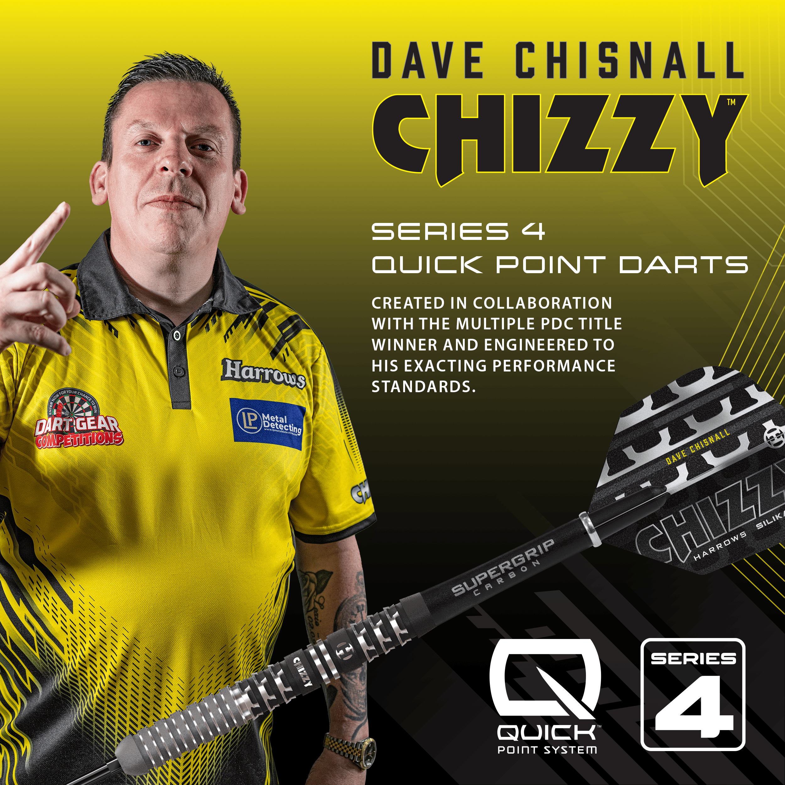 Harrows Dave Chisnall Chizzy Series 4 Softdarts sind auf diesem Bild zu sehen. Das Produkt ist ein spezieller Softdart für Dartspieler.