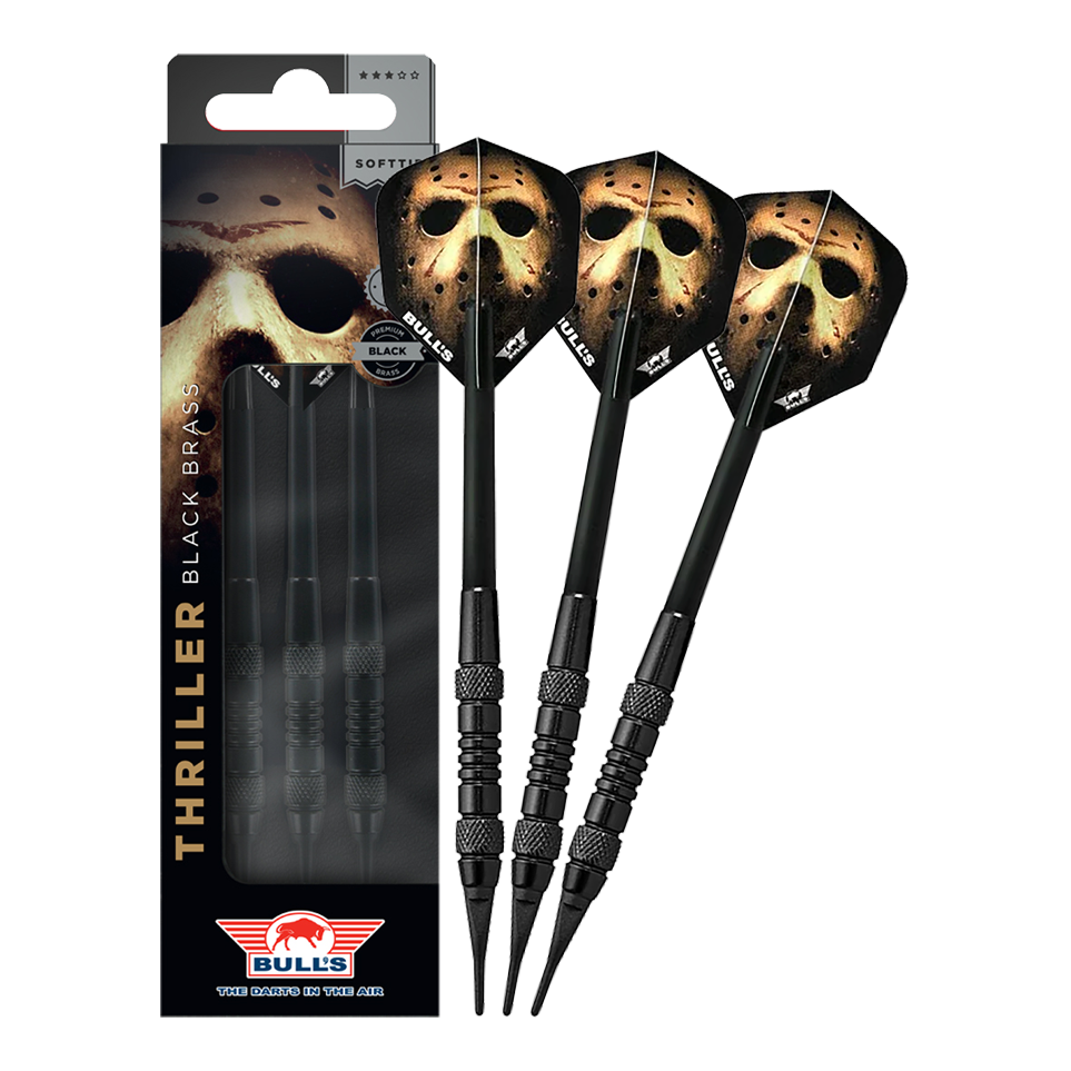 Dardos blandos Bulls NL Thriller Black Brass - 18 g Das Bild zeigt Bulls NL Thriller Black Brass Softdarts mit 18 Gramm. Diese Softdarts zeichnen sich durch ihre schwarze Optik aus.