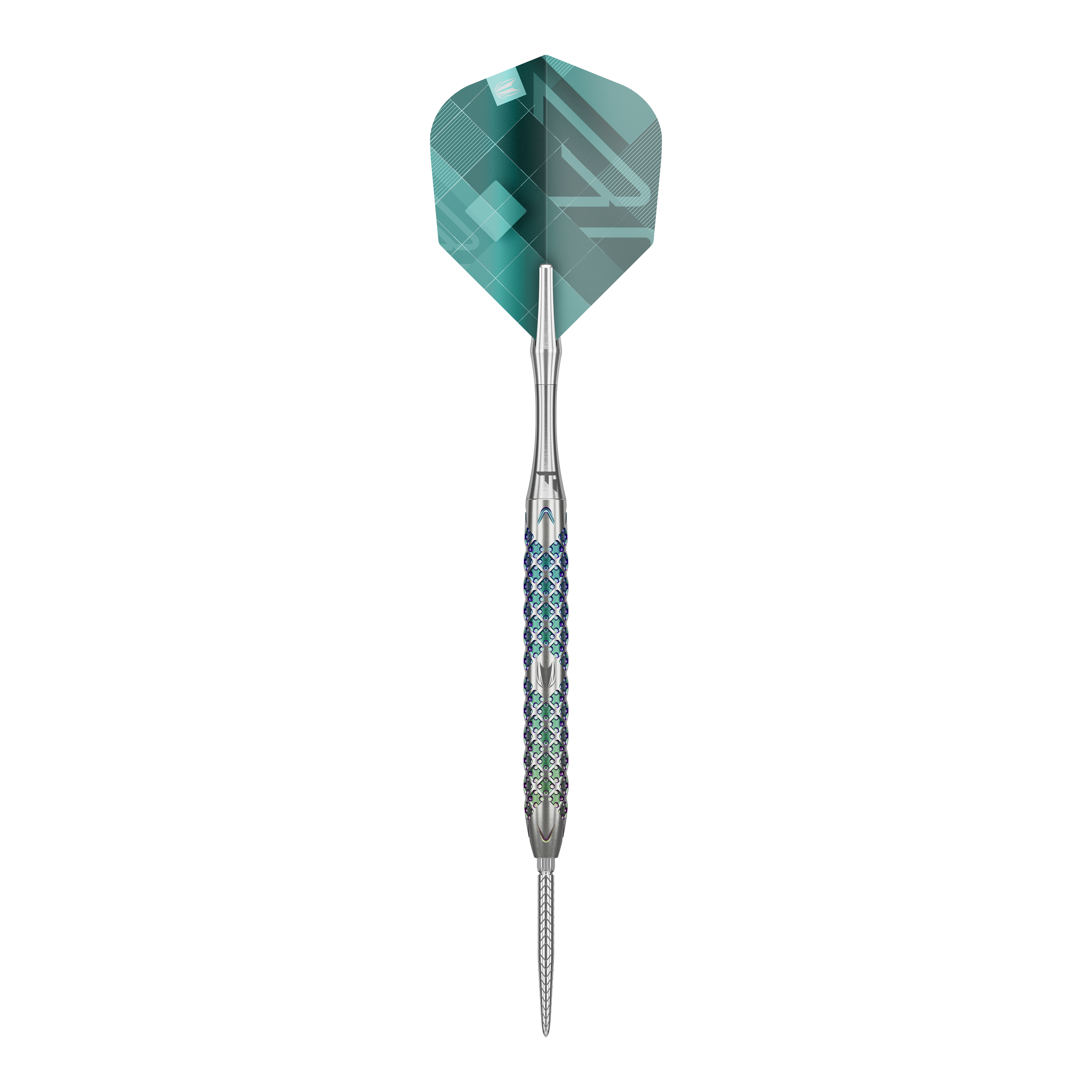 Freccette in acciaio Target Rove 01 Swiss Point Das Bild zeigt den Target Rove 01 Swiss Point Steeldart. Der Dart hat ein silbernes Barrel mit einem blauen Muster und grüne Flights.