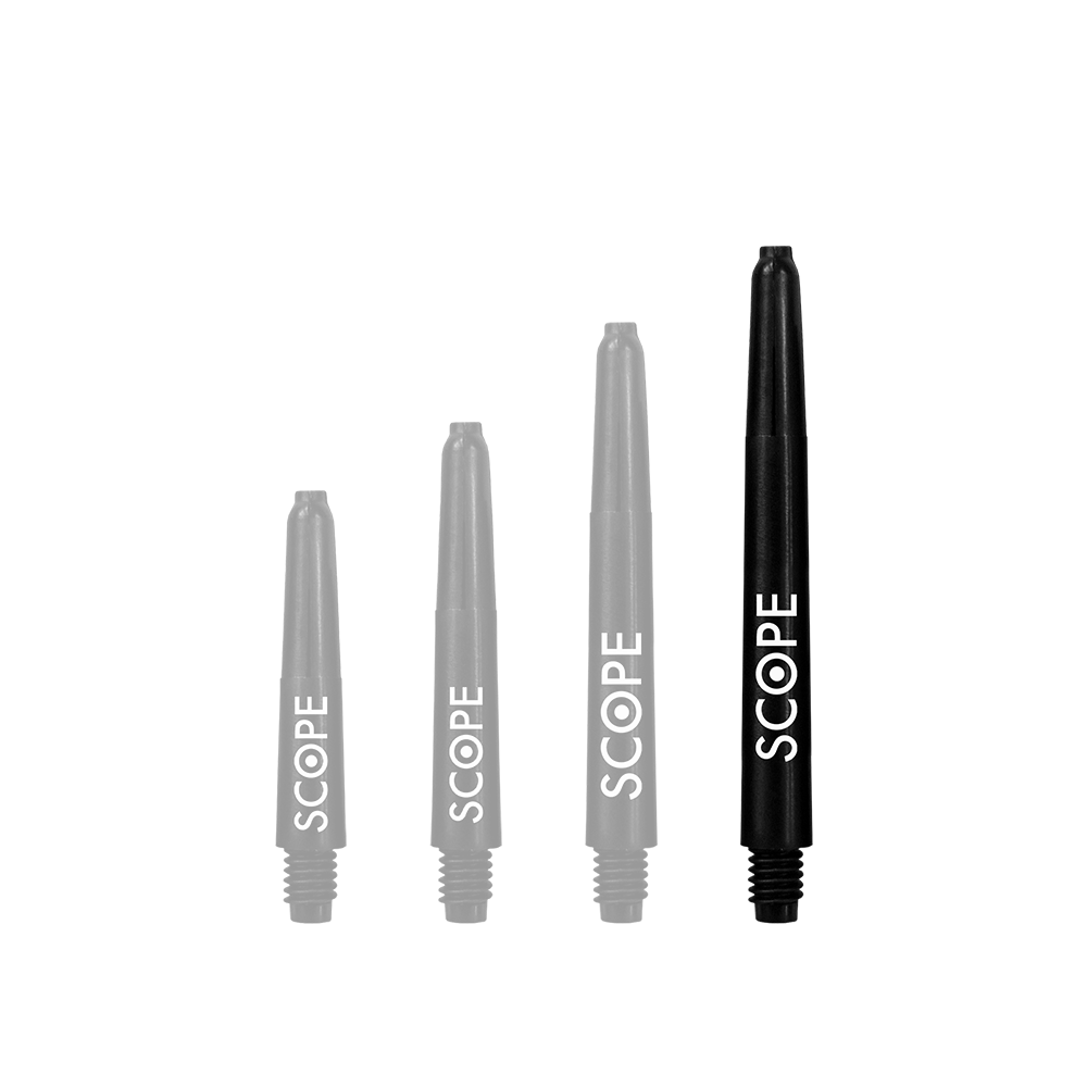 523_McDart_Scope_Nylon_Shafts_Schwarz_48mm_1 Das Bild zeigt vier schwarze McDart Scope Nylon Shafts in unterschiedlichen Längen. Auf jedem Schaft steht das Wort "SCOPE" in weißer Schrift.