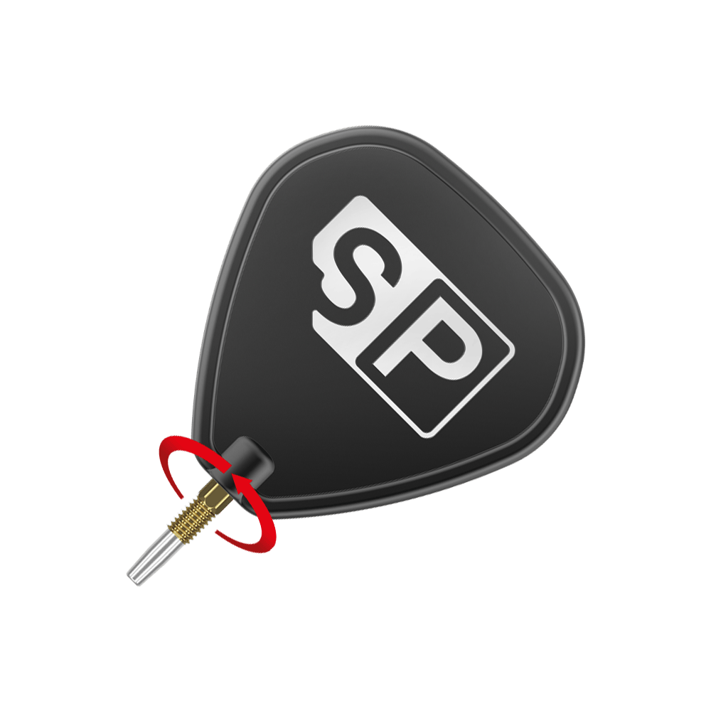 Target Swiss Point Gold Dartspitzen Das Bild zeigt eine schwarze Dart-Flügel mit den weißen Buchstaben "SP" darauf. Unten ist eine goldene Dartspitze mit einem roten Pfeil, der eine Drehbewegung anzeigt.
