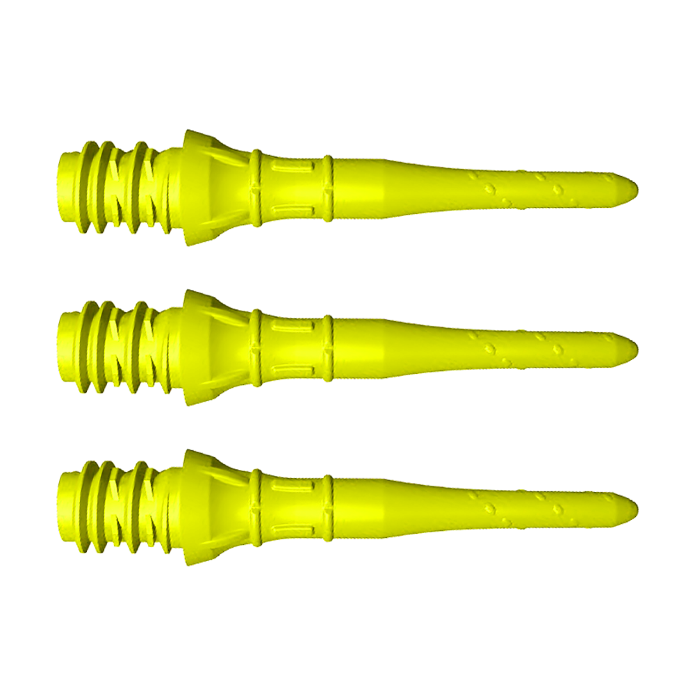 LIP40_L-Style_Premium_Lippoints_Short_Neongelb_1 Das Bild zeigt drei kurze, neon-gelbe Dartspitzen, die nebeneinander liegen. Sie haben ein Schraubgewinde und sind für Soft-Darts geeignet.